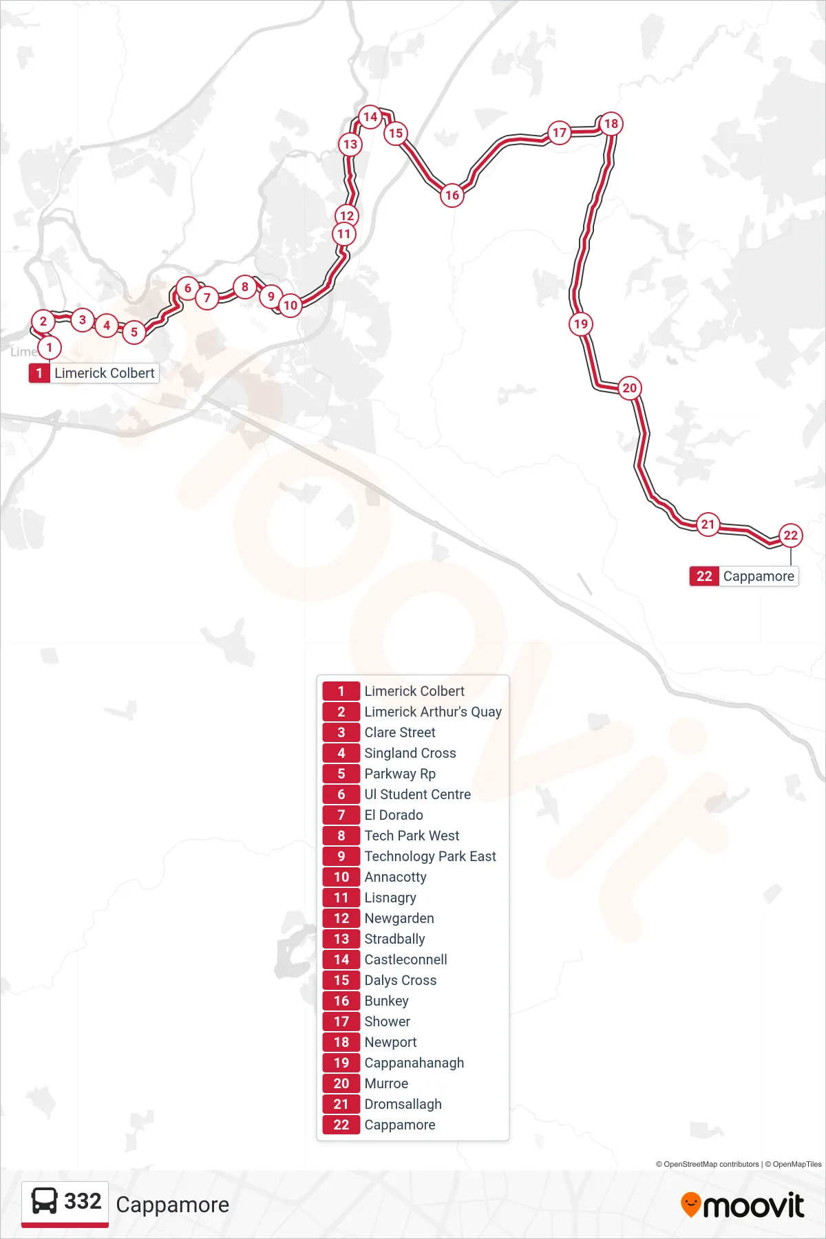 332 bus Line (Cappamore) route and stops on a map