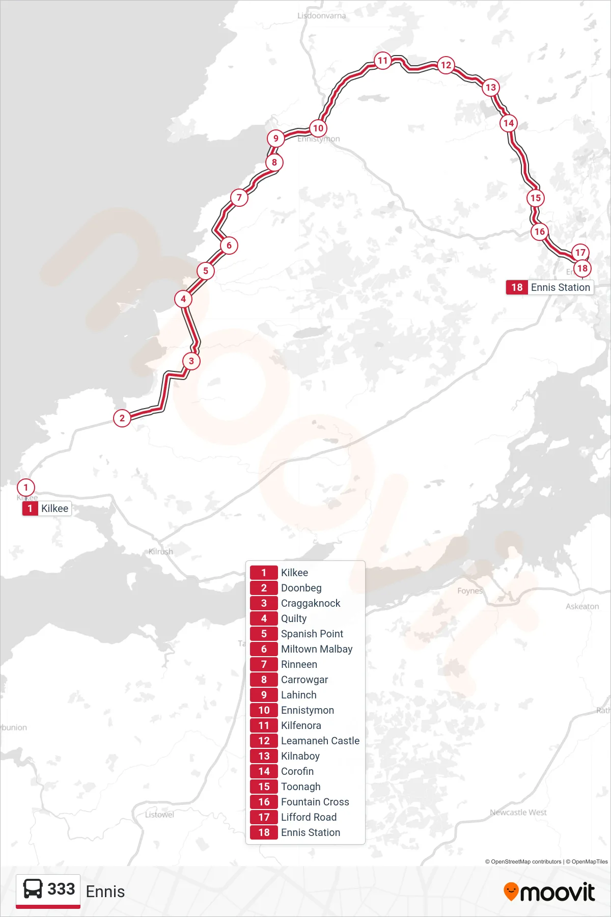 333 bus Line (Ennis) route and stops on a map