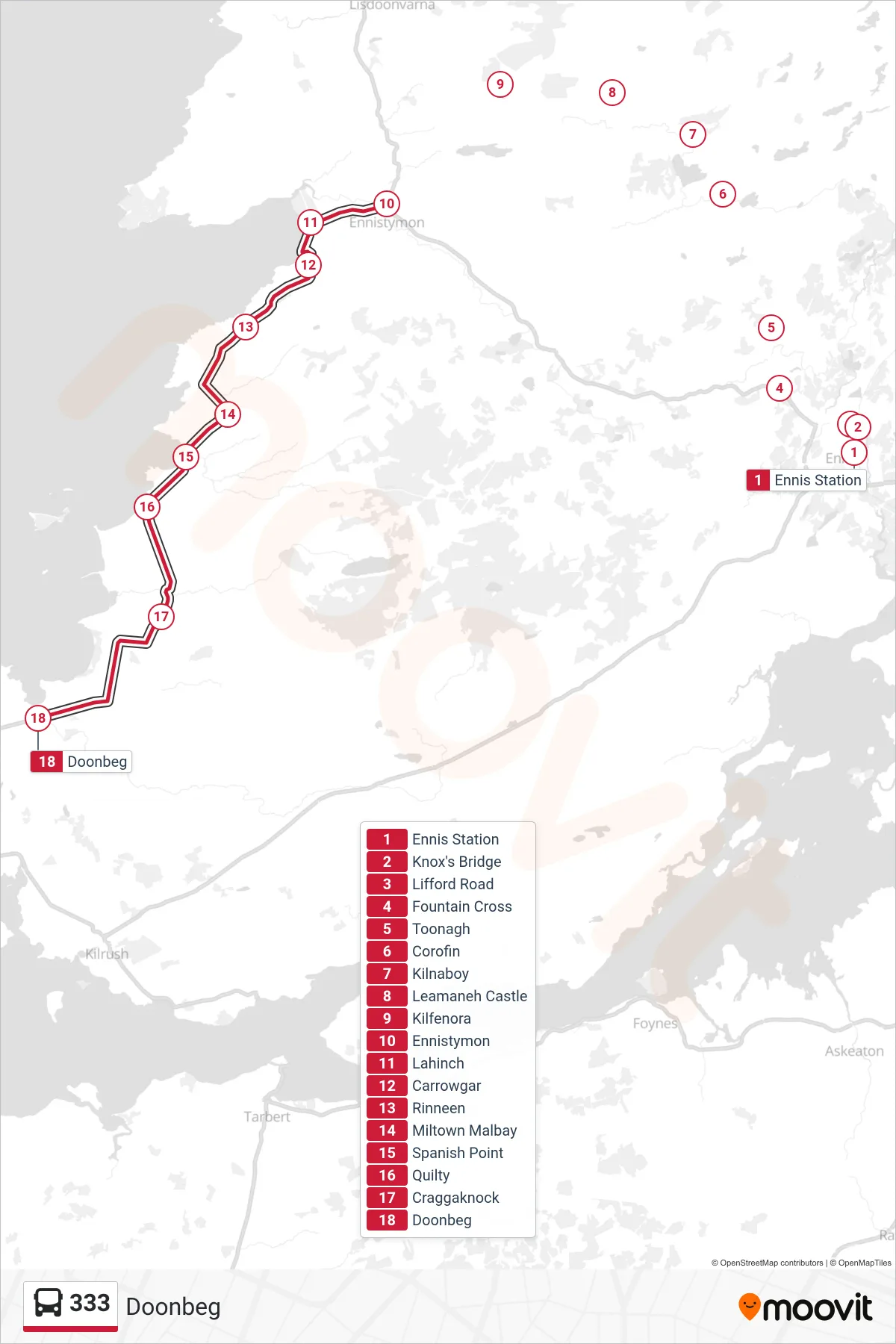333 bus Line (Doonbeg) route and stops on a map