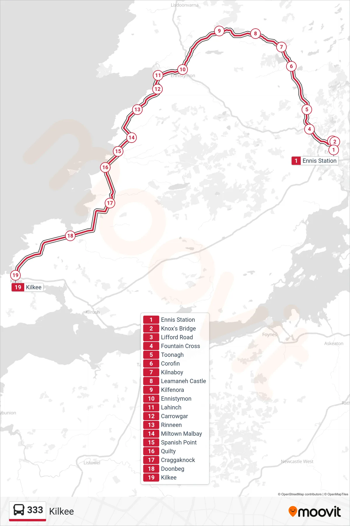 333 bus Line (Kilkee) route and stops on a map