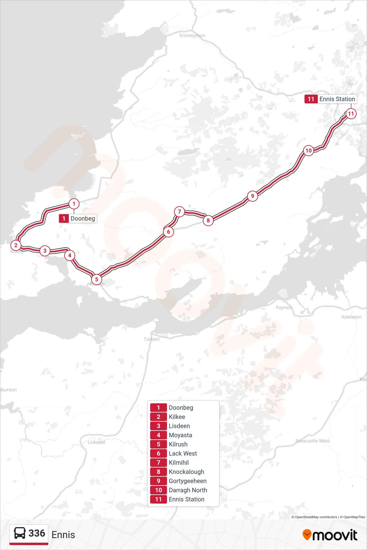 336 bus Line (Ennis) route and stops on a map