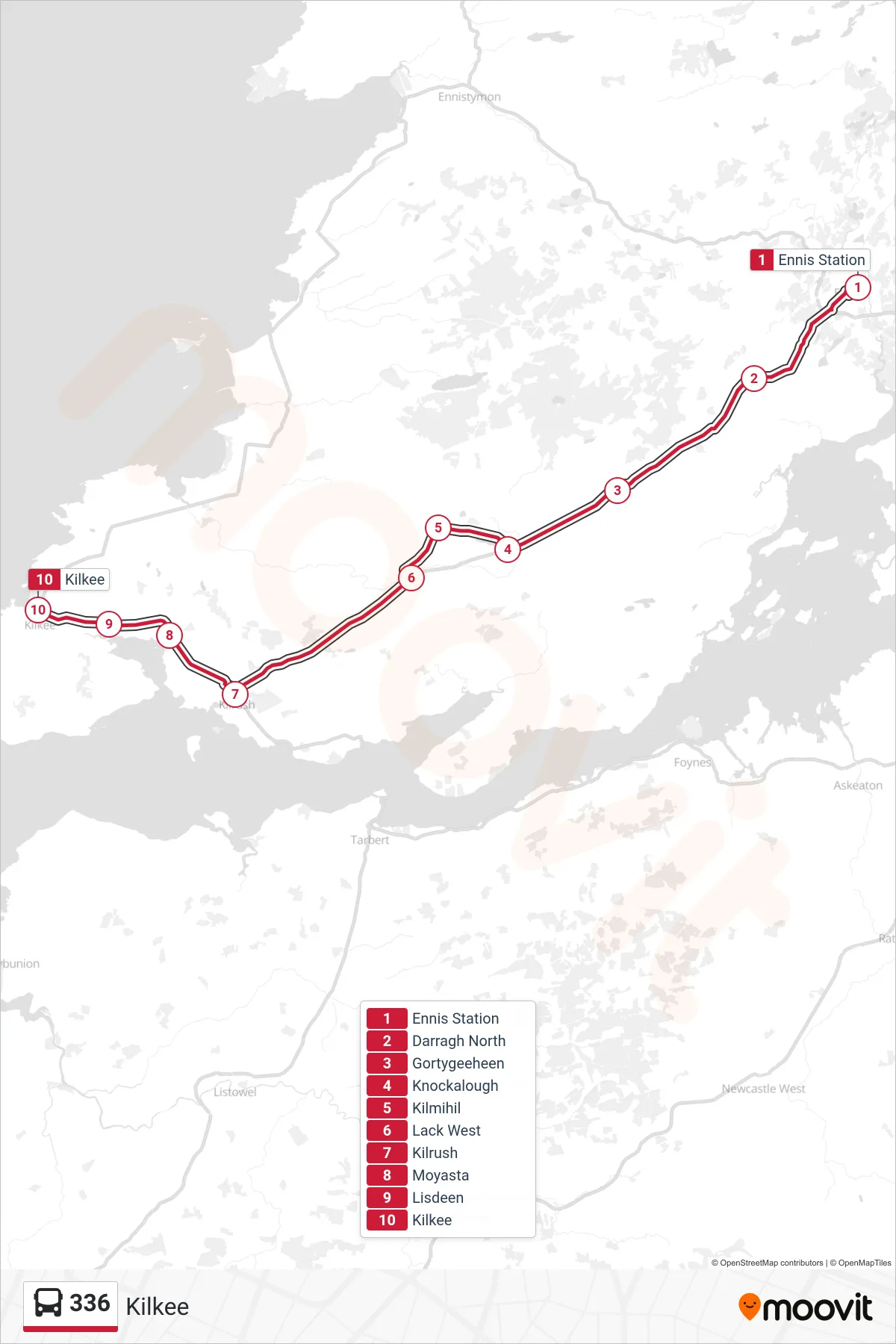 336 bus Line (Kilkee) route and stops on a map