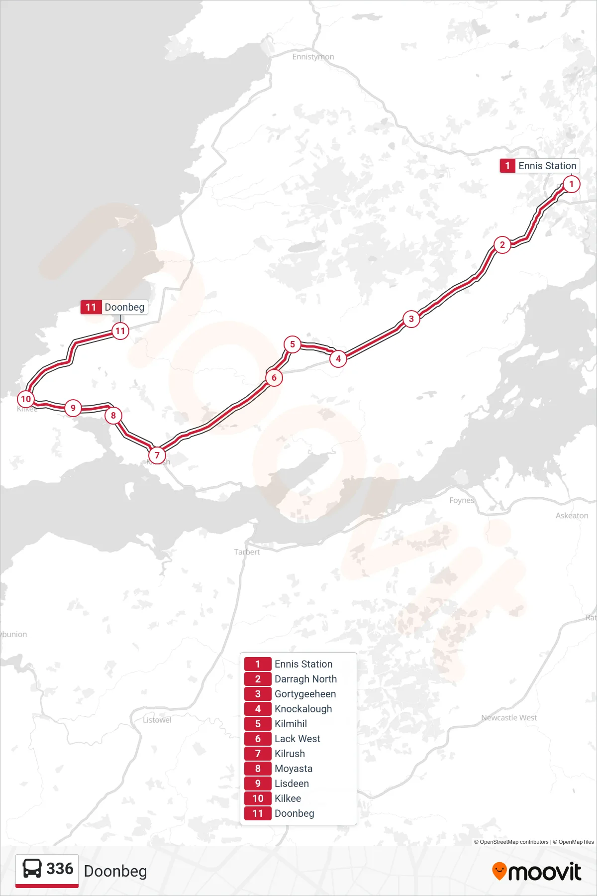 336 bus Line (Doonbeg) route and stops on a map