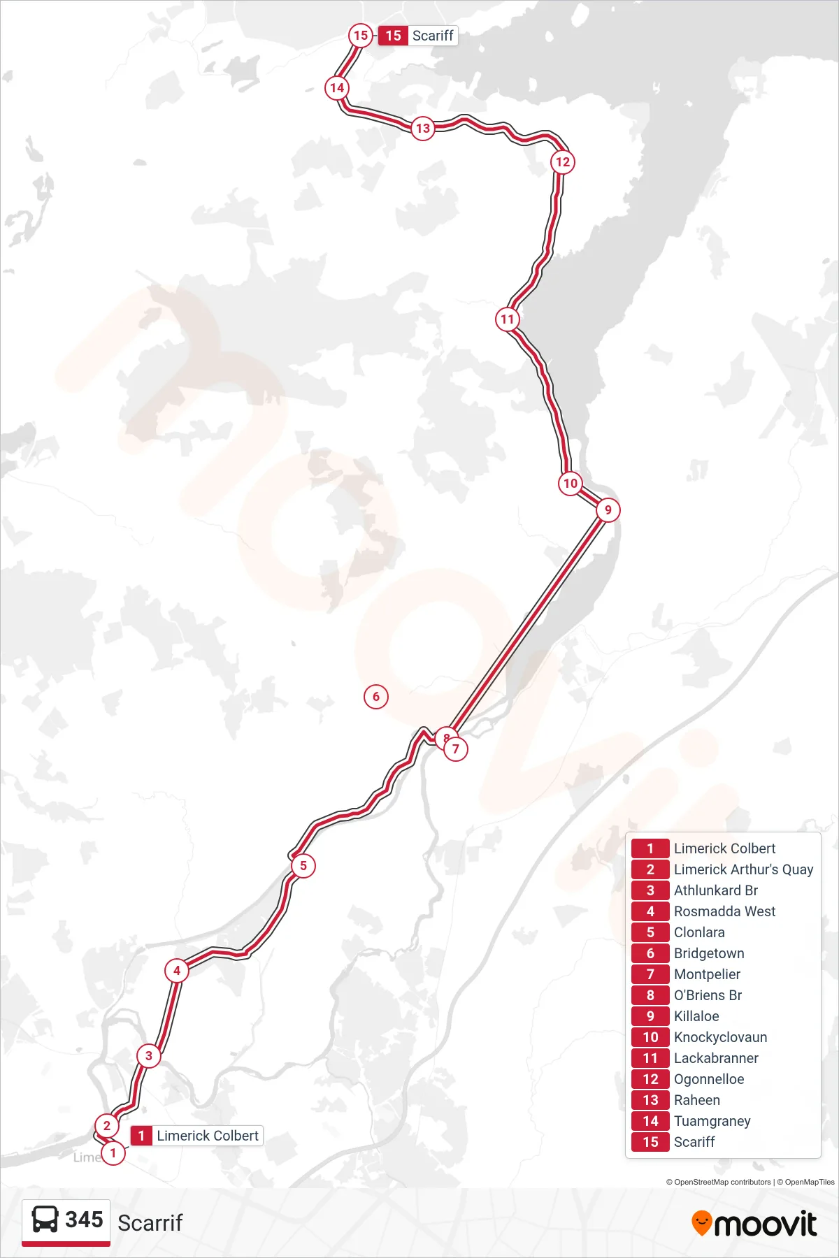 345 bus Line (Scarrif) route and stops on a map