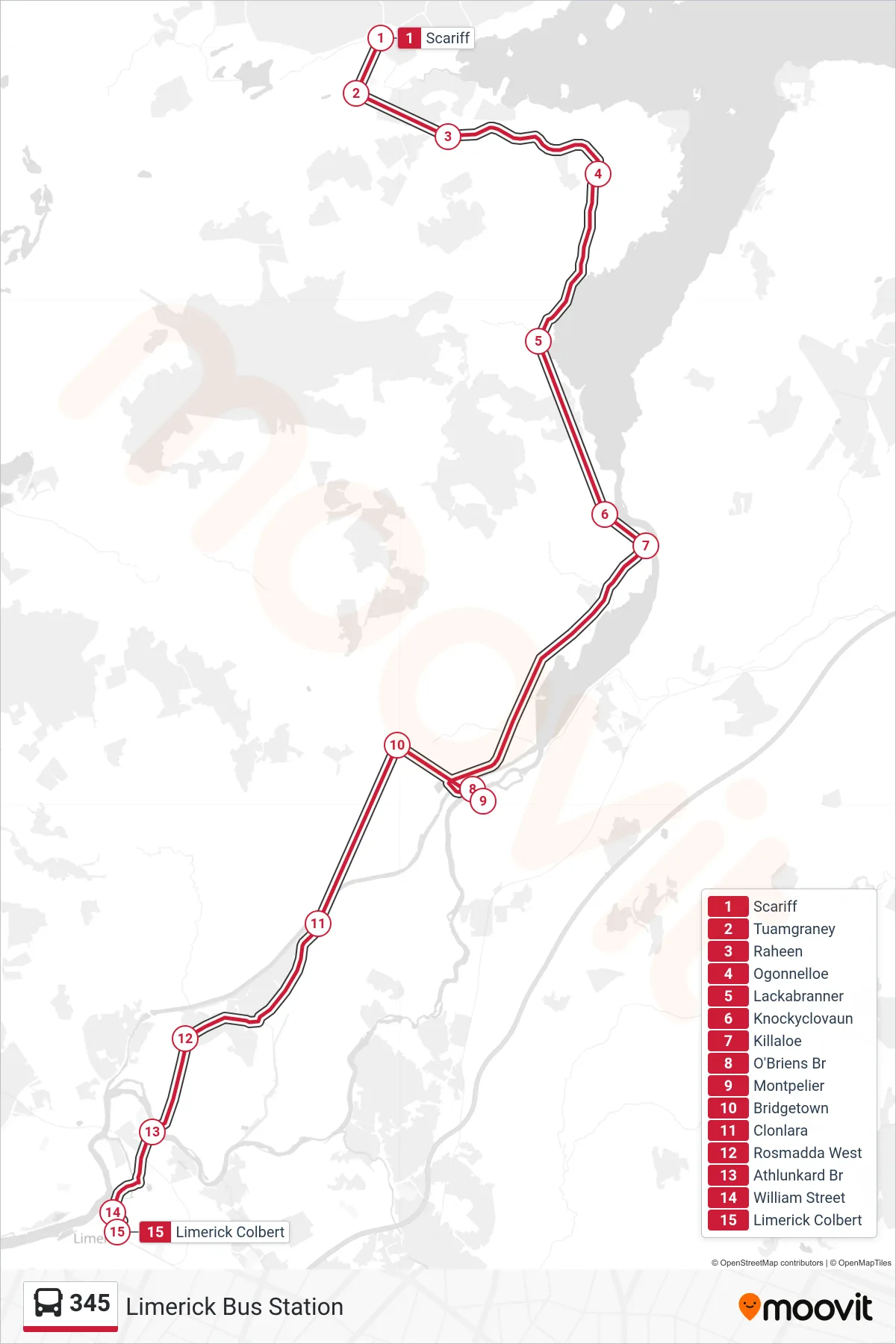 345 bus Line (Limerick Bus Station) route and stops on a map