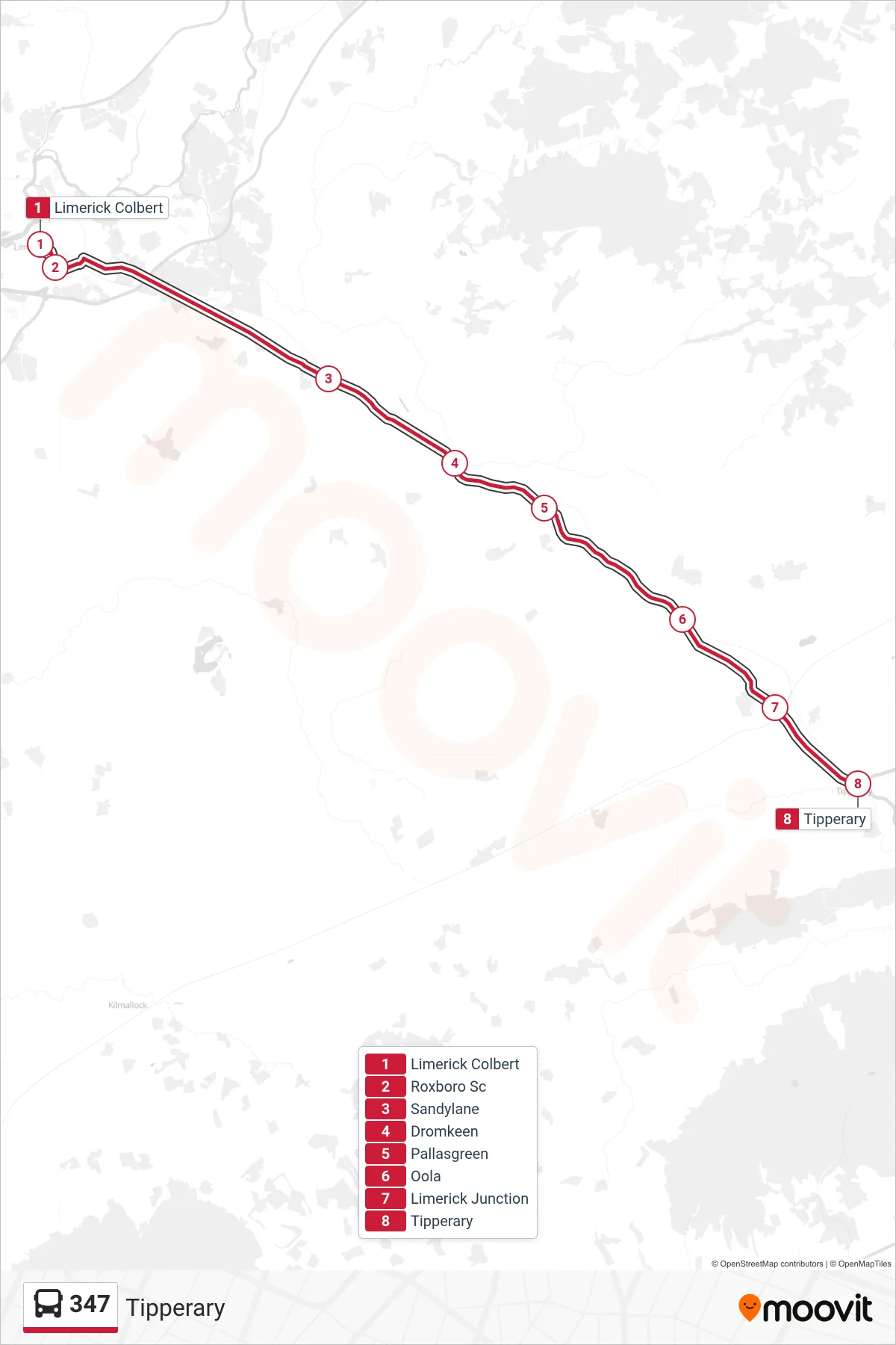 347 bus Line (Tipperary) route and stops on a map