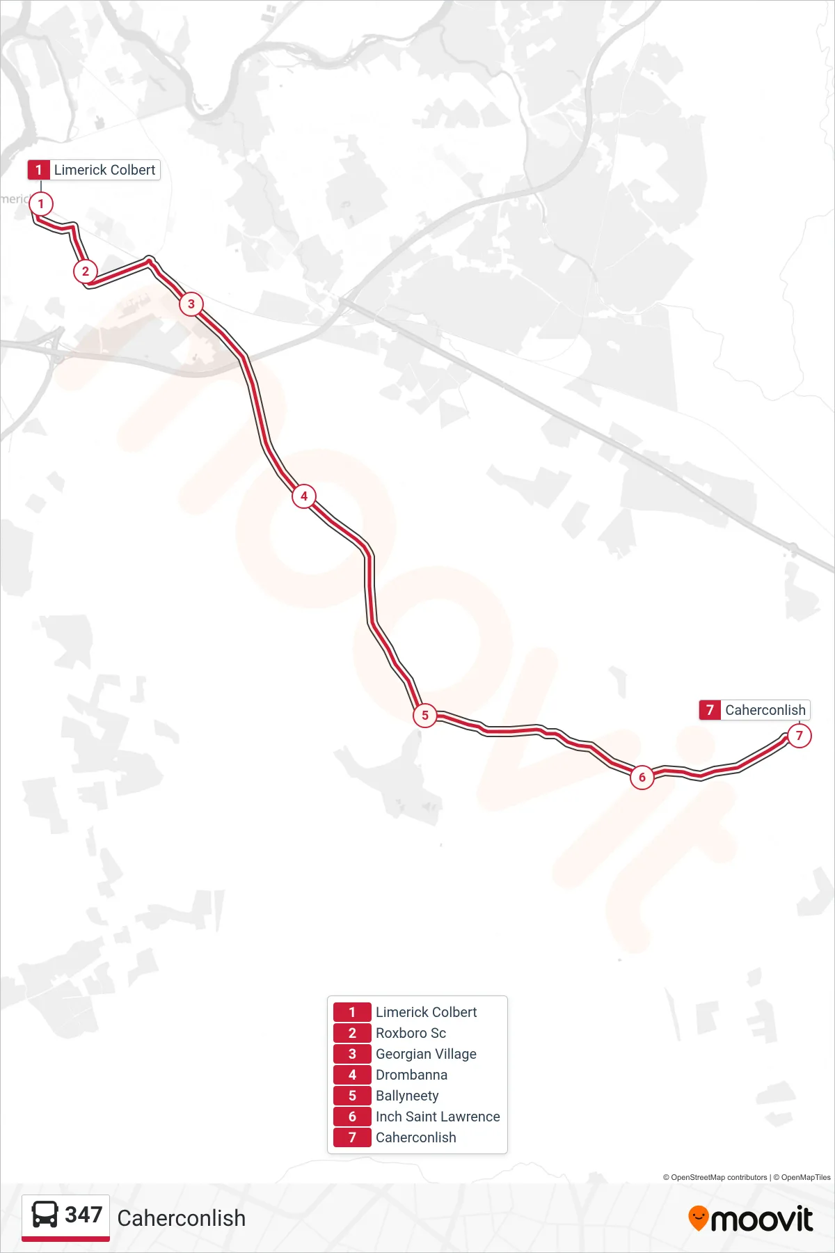 347 bus Line (Caherconlish) route and stops on a map
