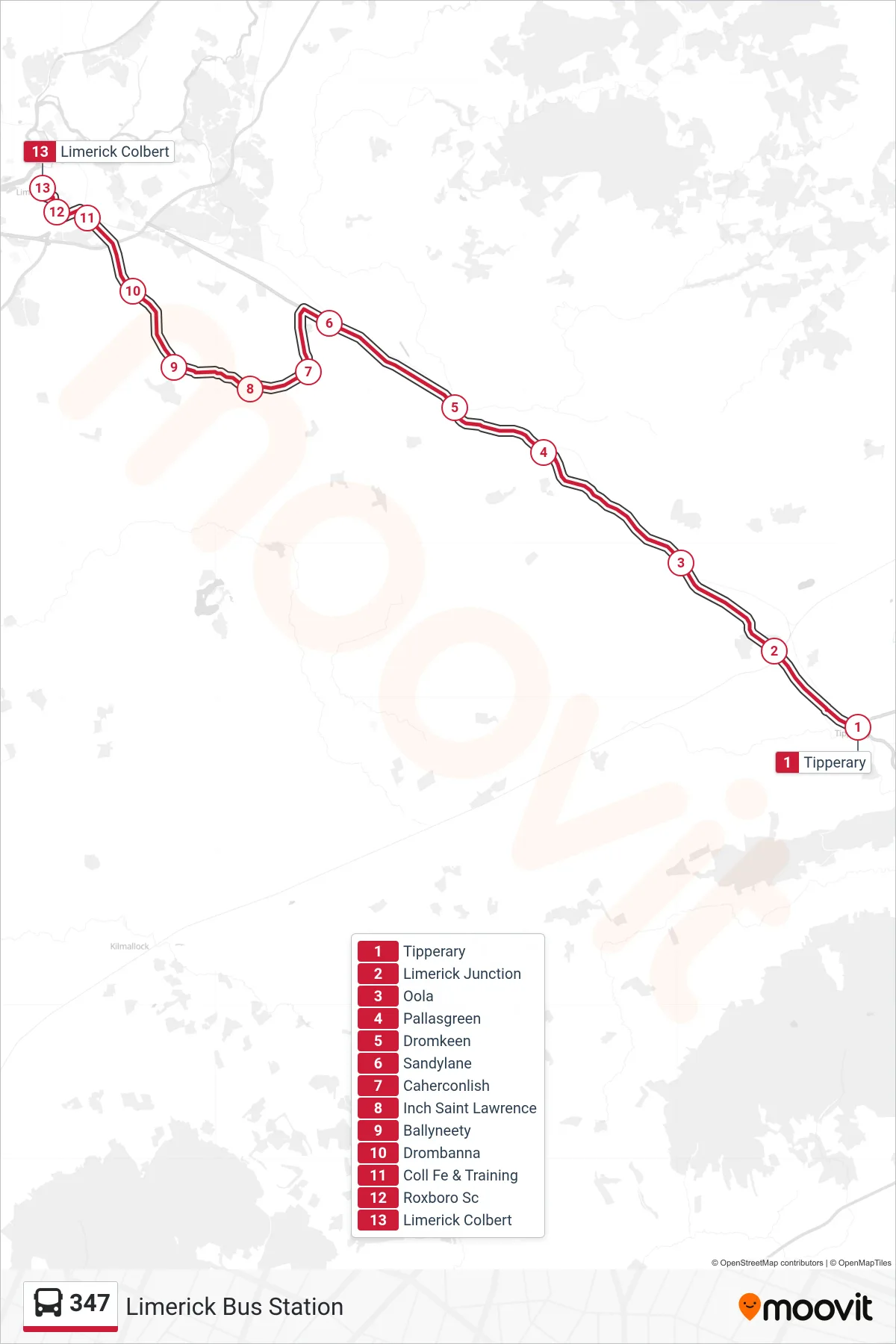 347 bus Line (Limerick Bus Station) route and stops on a map