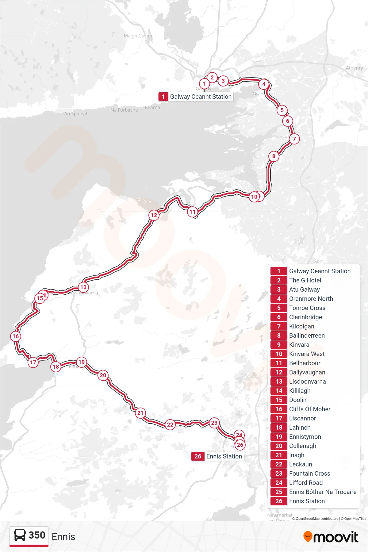 350 bus Line (Ennis) route and stops on a map