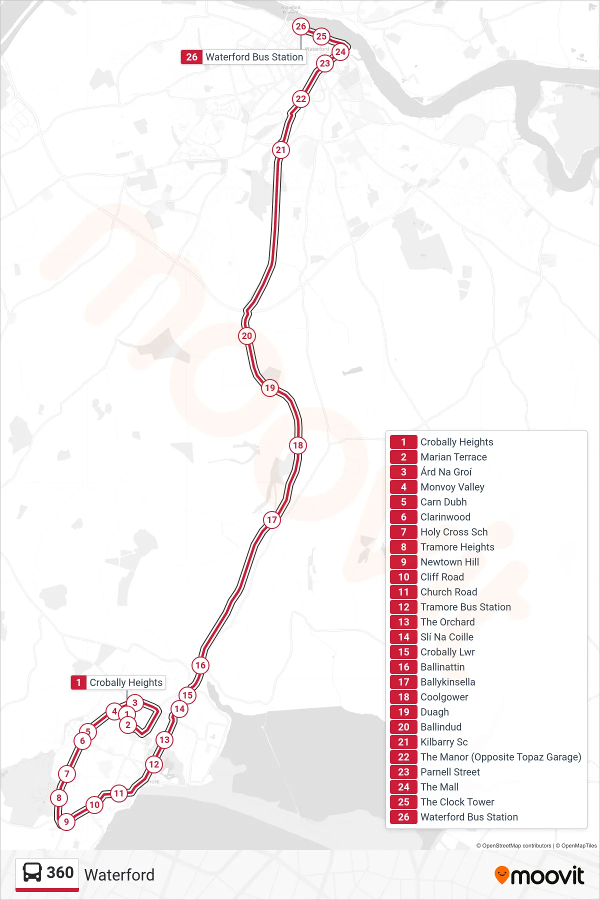 360 bus Line (Waterford) route and stops on a map