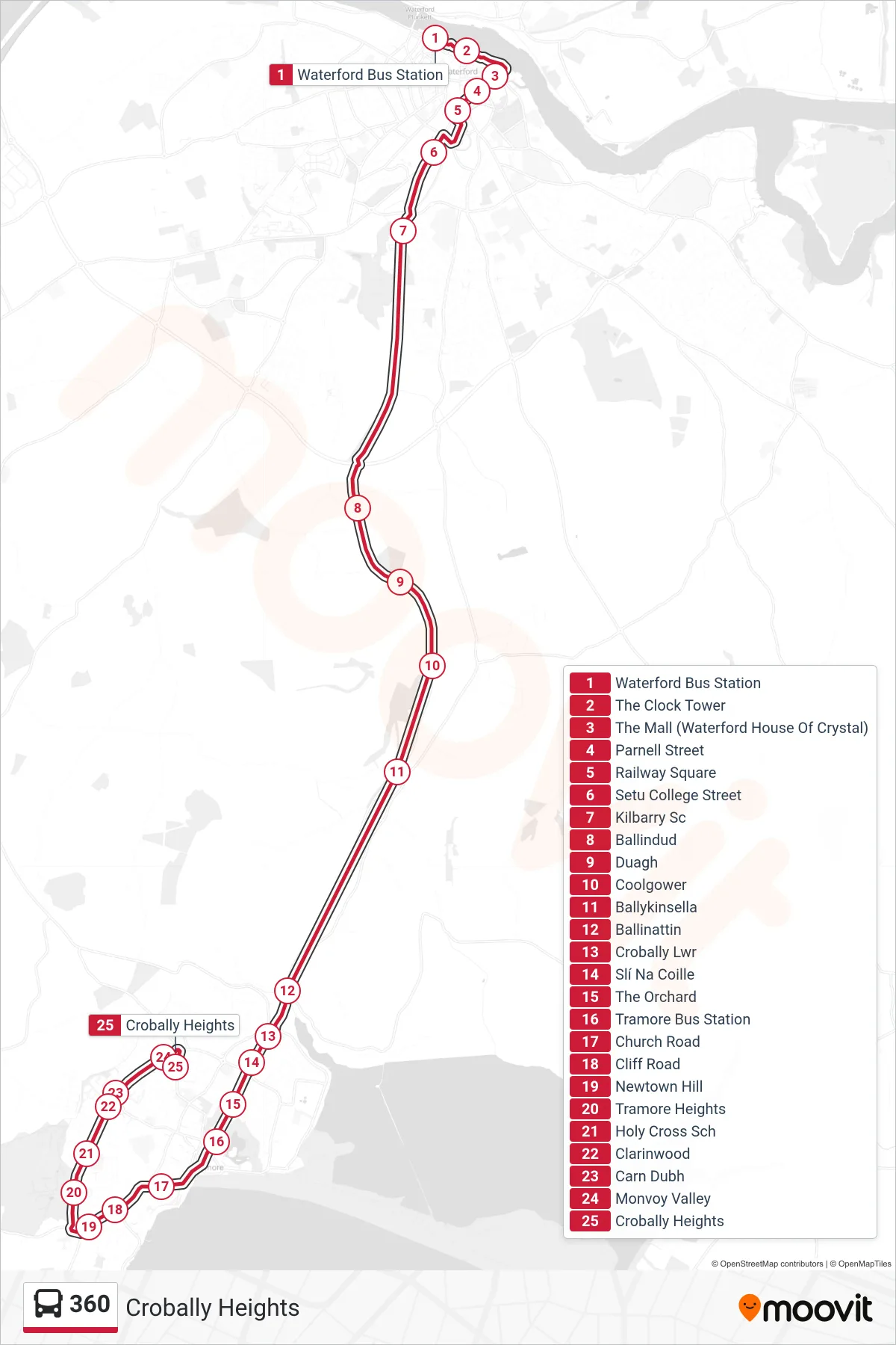 360 bus Line (Crobally Heights) route and stops on a map