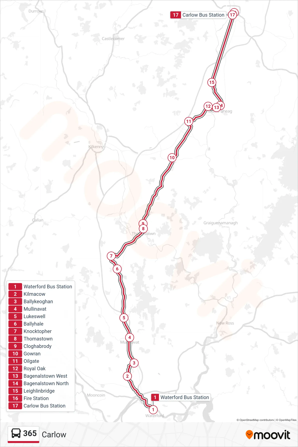365 bus Line (Carlow) route and stops on a map