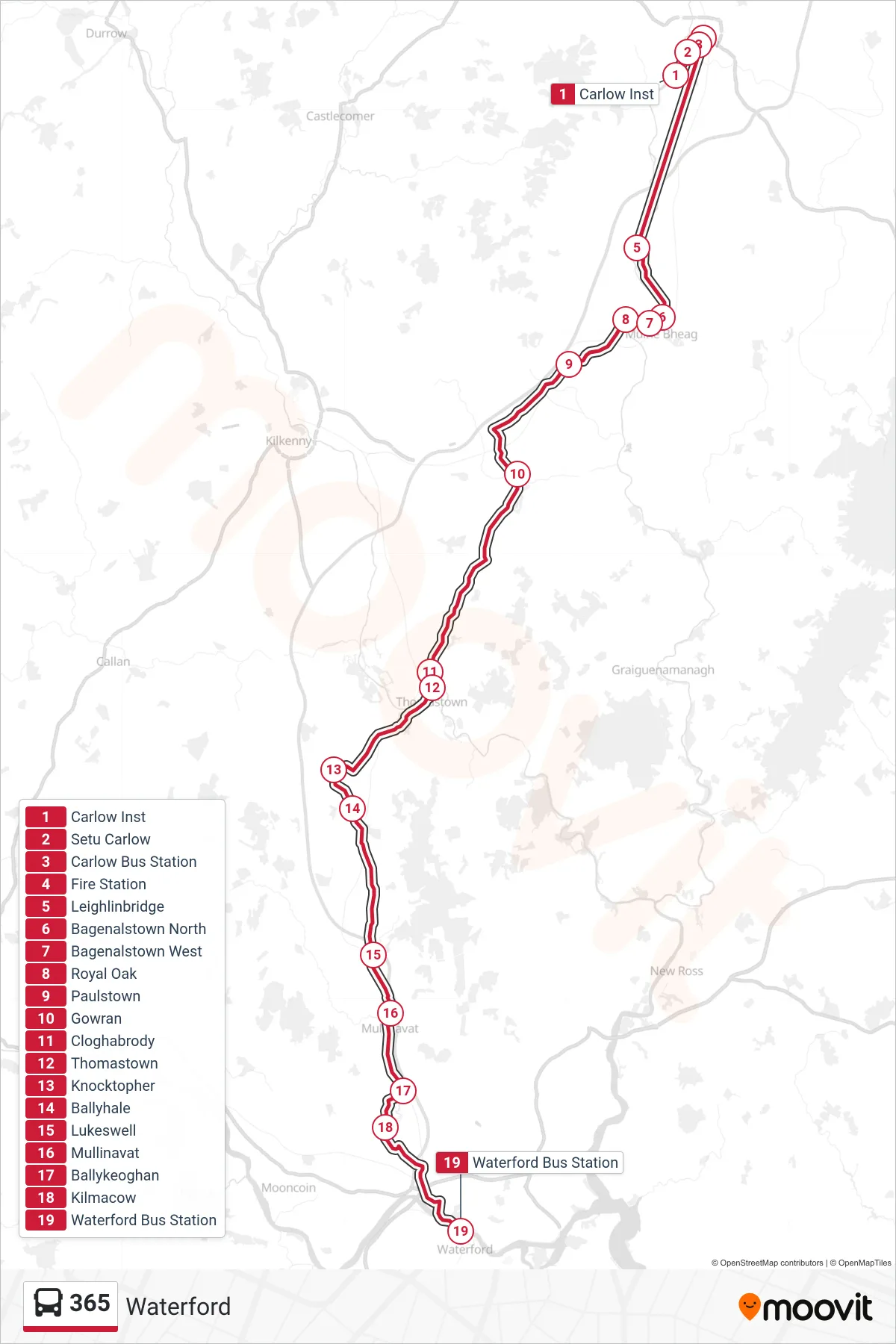 365 bus Line (Waterford) route and stops on a map