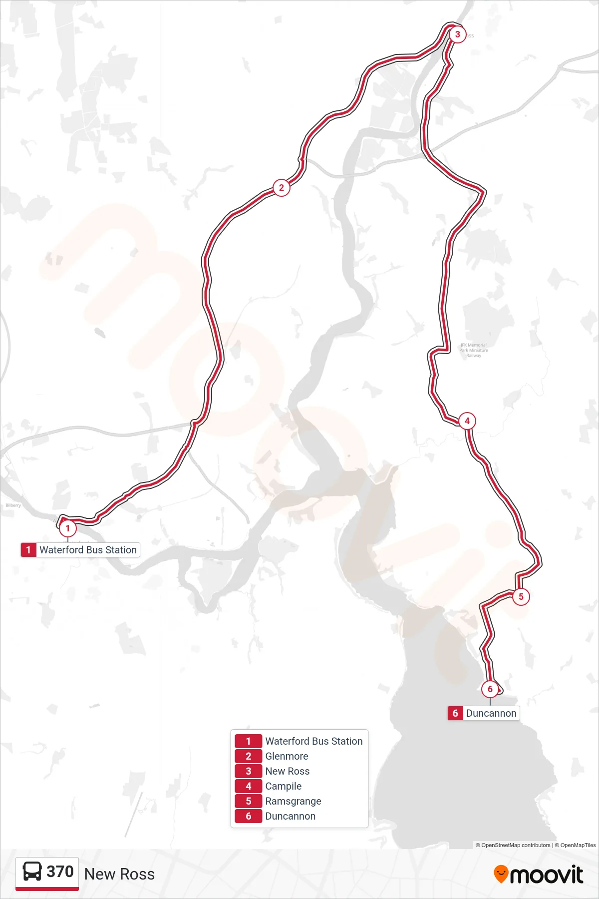 370 bus Line (New Ross) route and stops on a map