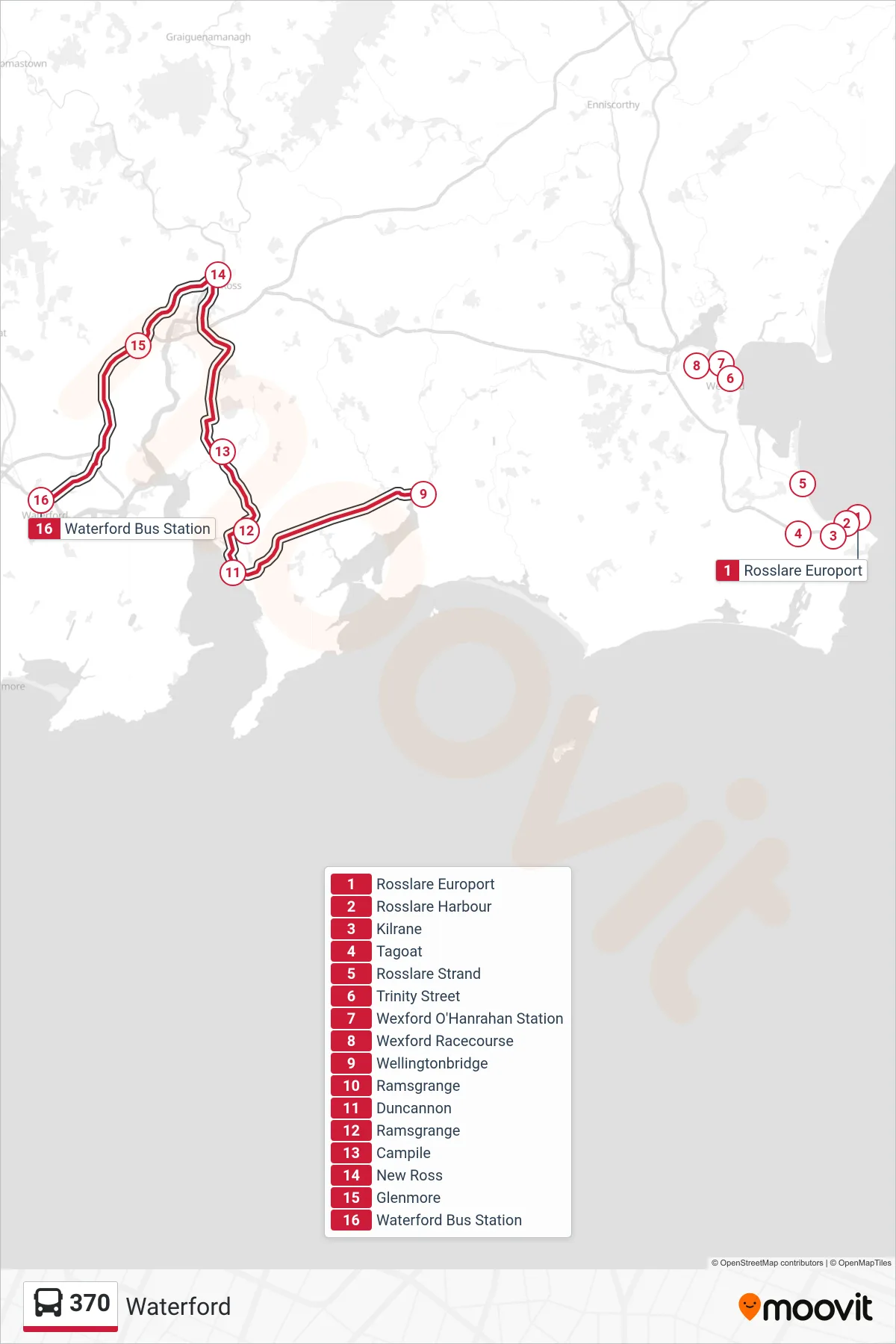 370 bus Line (Waterford) route and stops on a map