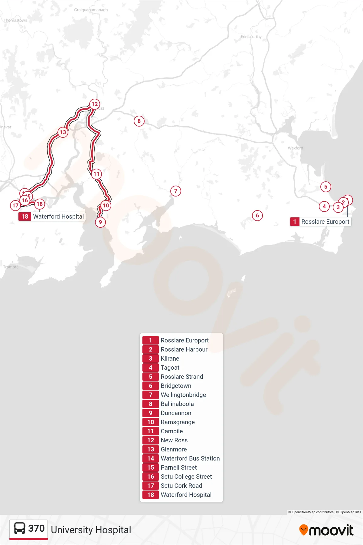 370 bus Line (University Hospital) route and stops on a map