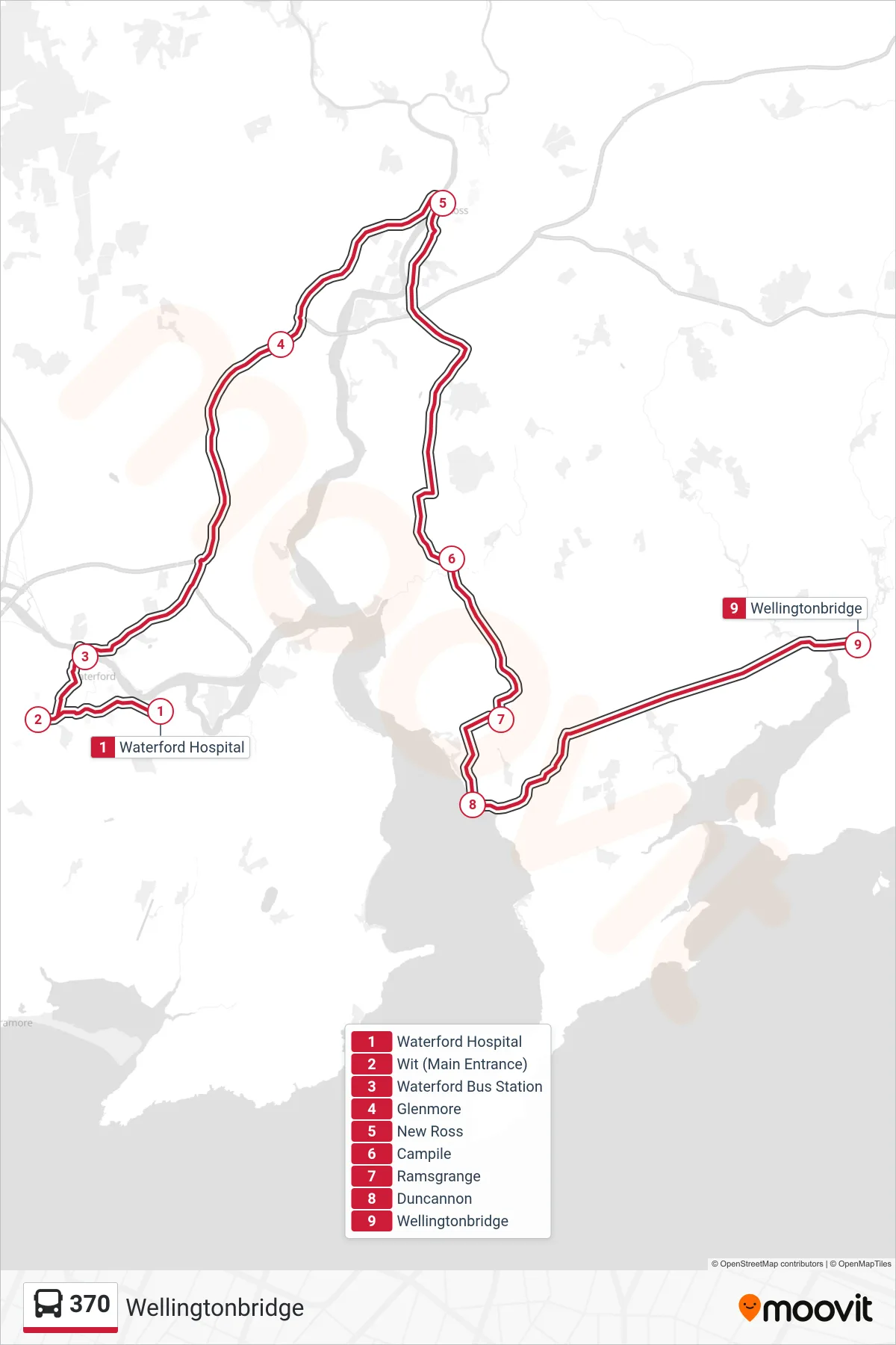 370 bus Line (Wellingtonbridge) route and stops on a map