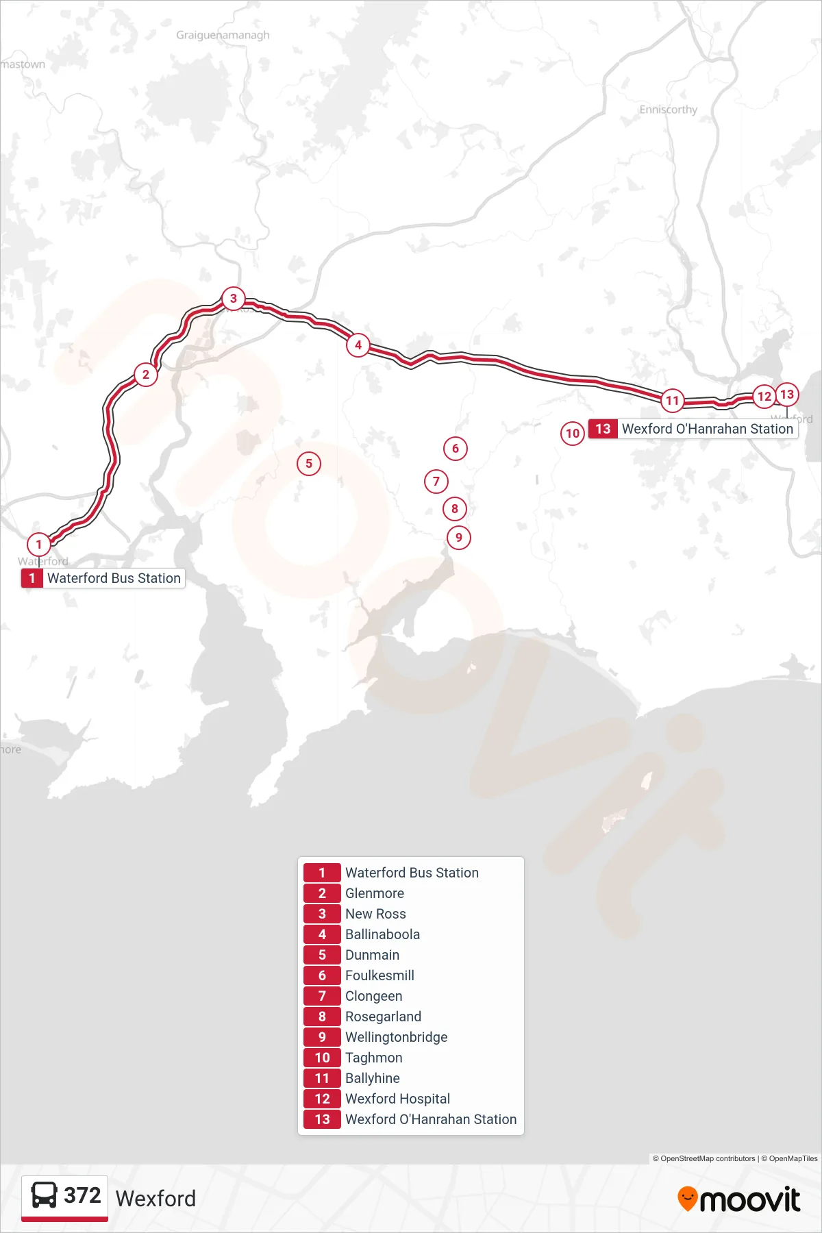 372 bus Line (Wexford) route and stops on a map