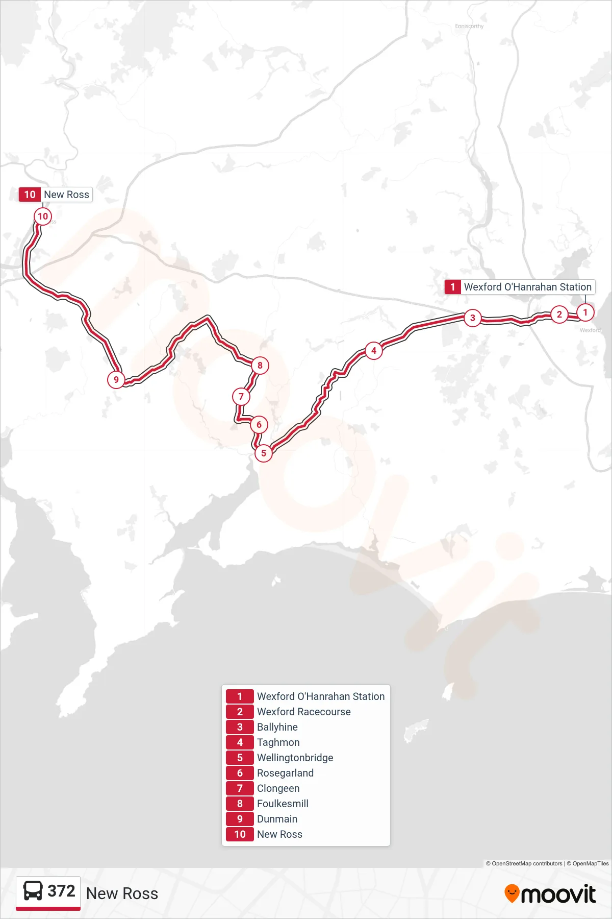 372 bus Line (New Ross) route and stops on a map