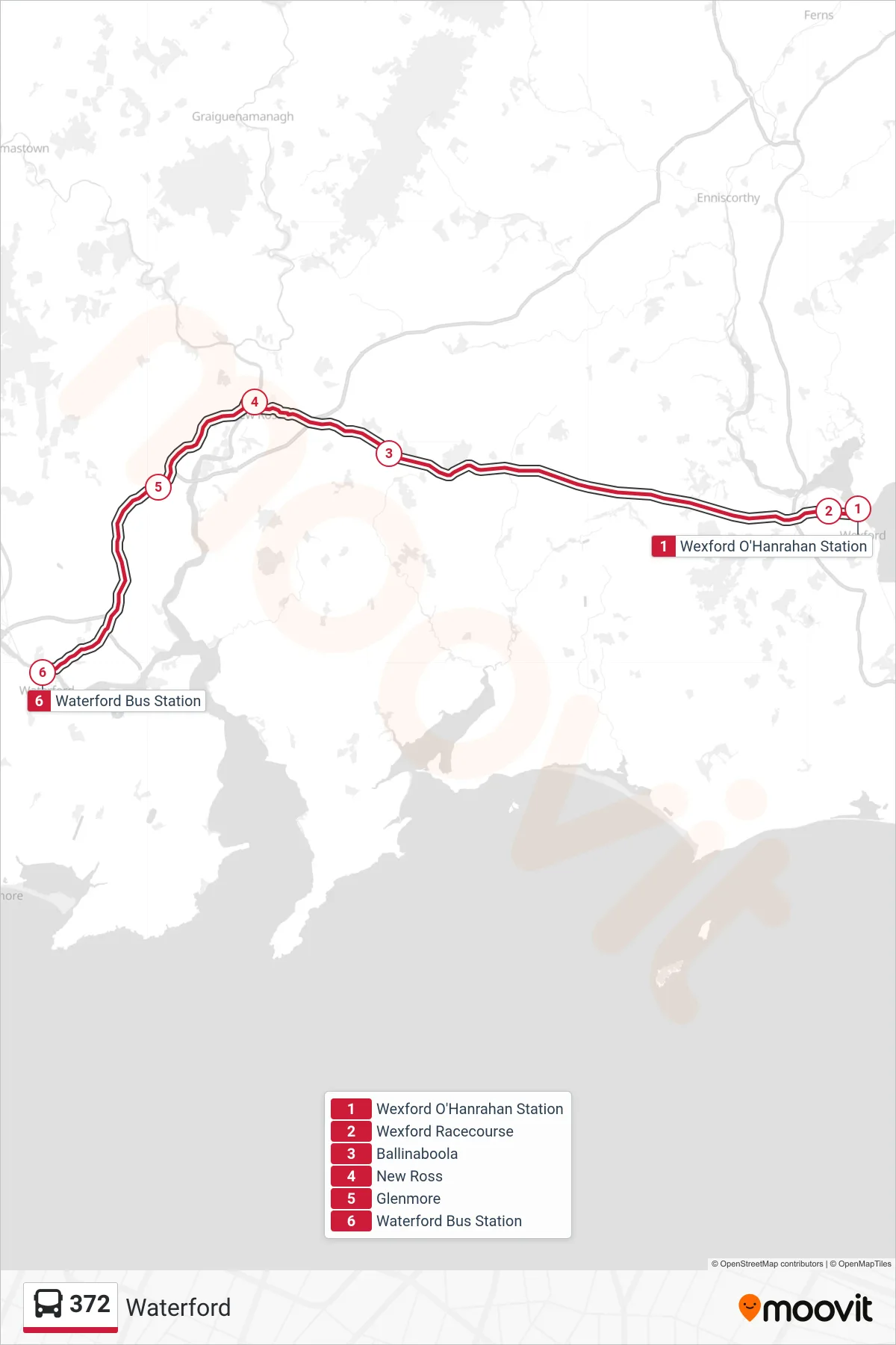 372 bus Line (Waterford) route and stops on a map