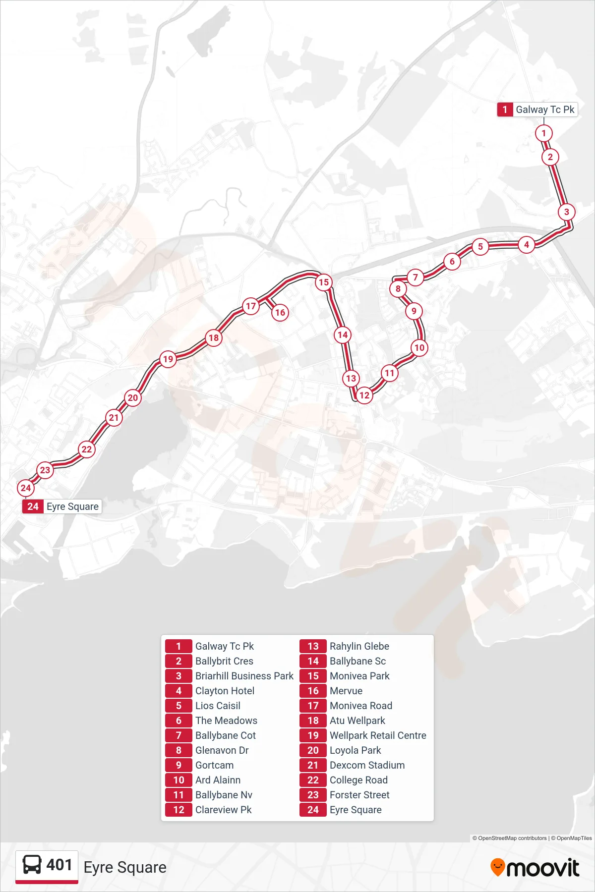 401 bus Line (Eyre Square) route and stops on a map