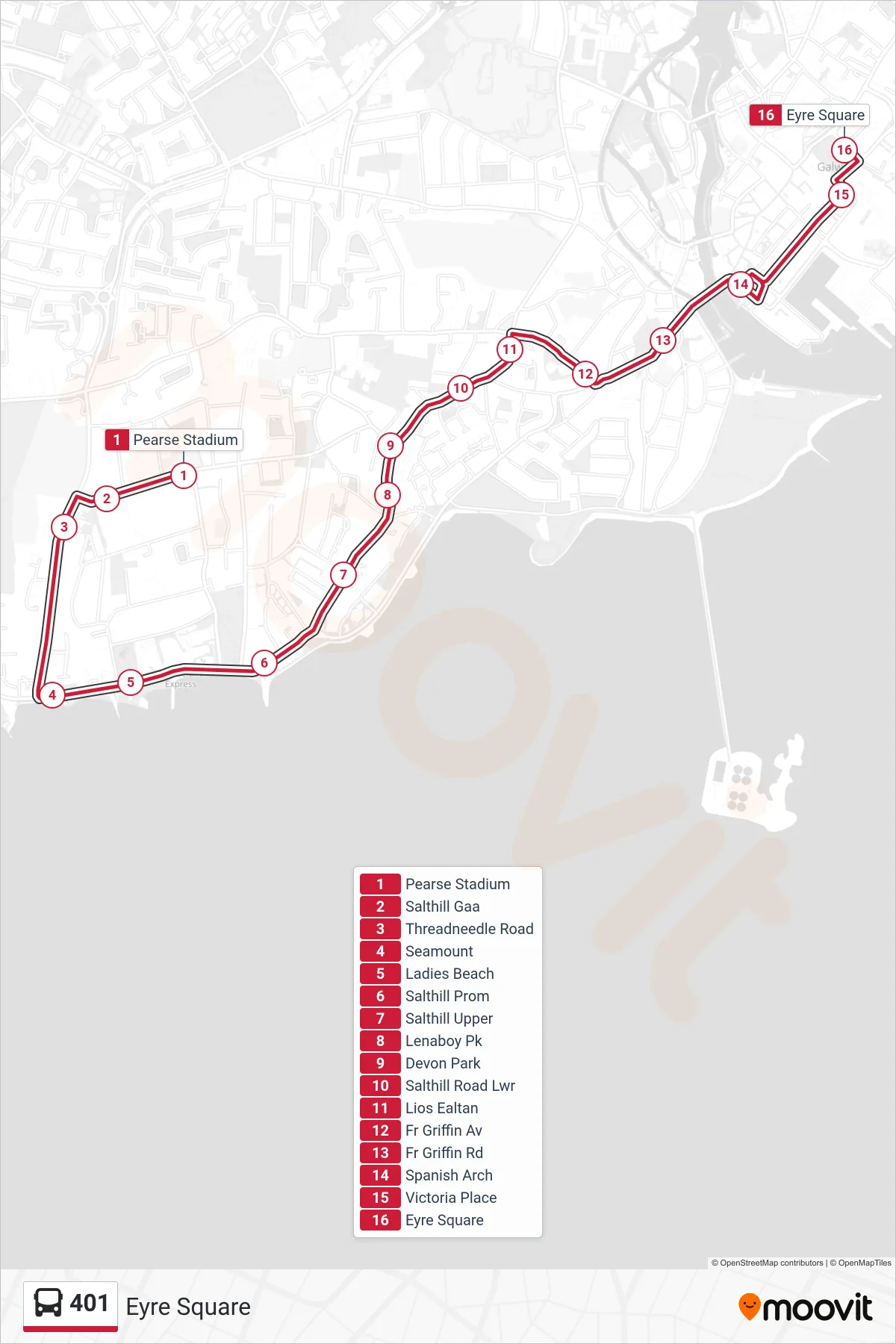 401 bus Line (Eyre Square) route and stops on a map