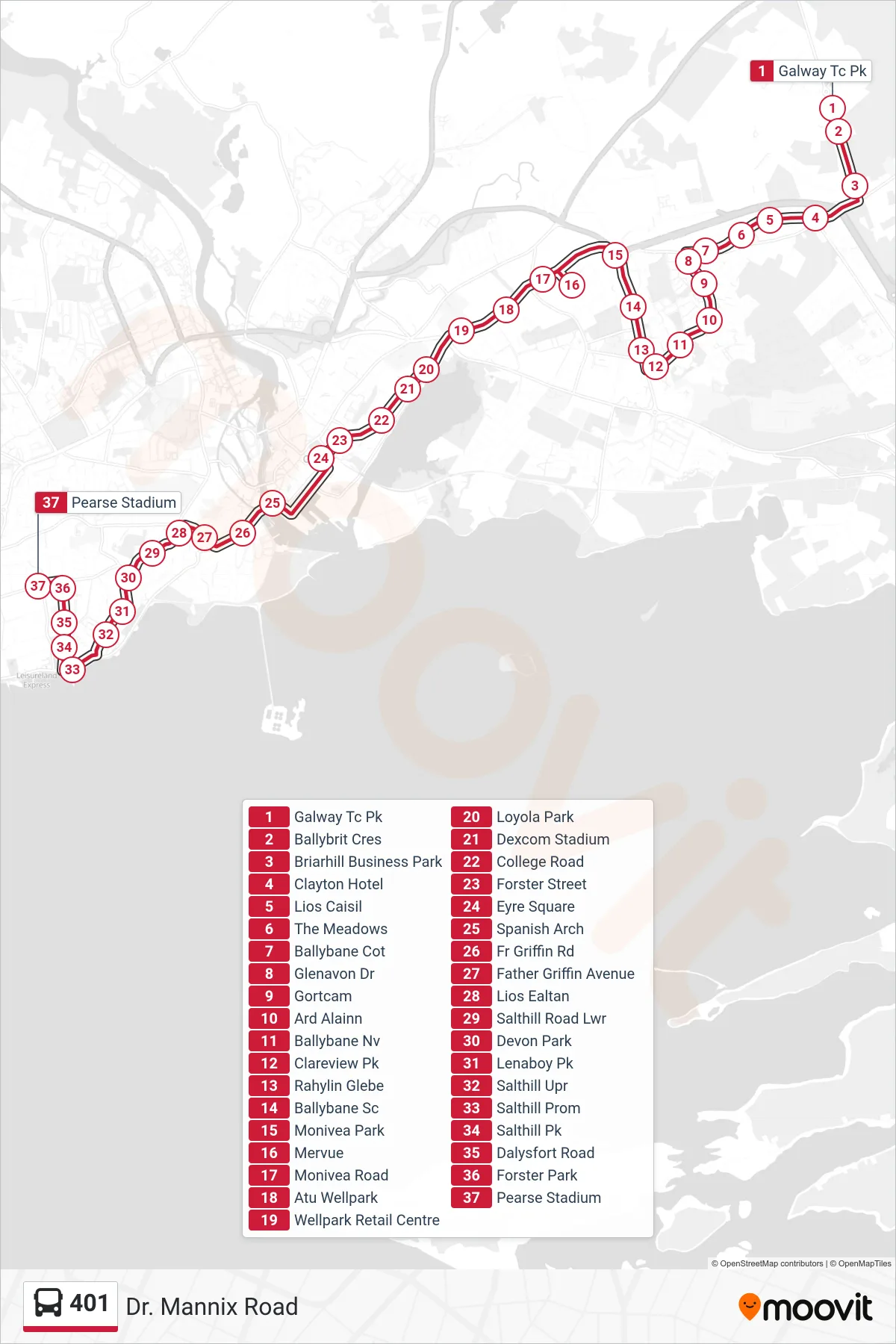 401 bus Line (Dr. Mannix Road) route and stops on a map