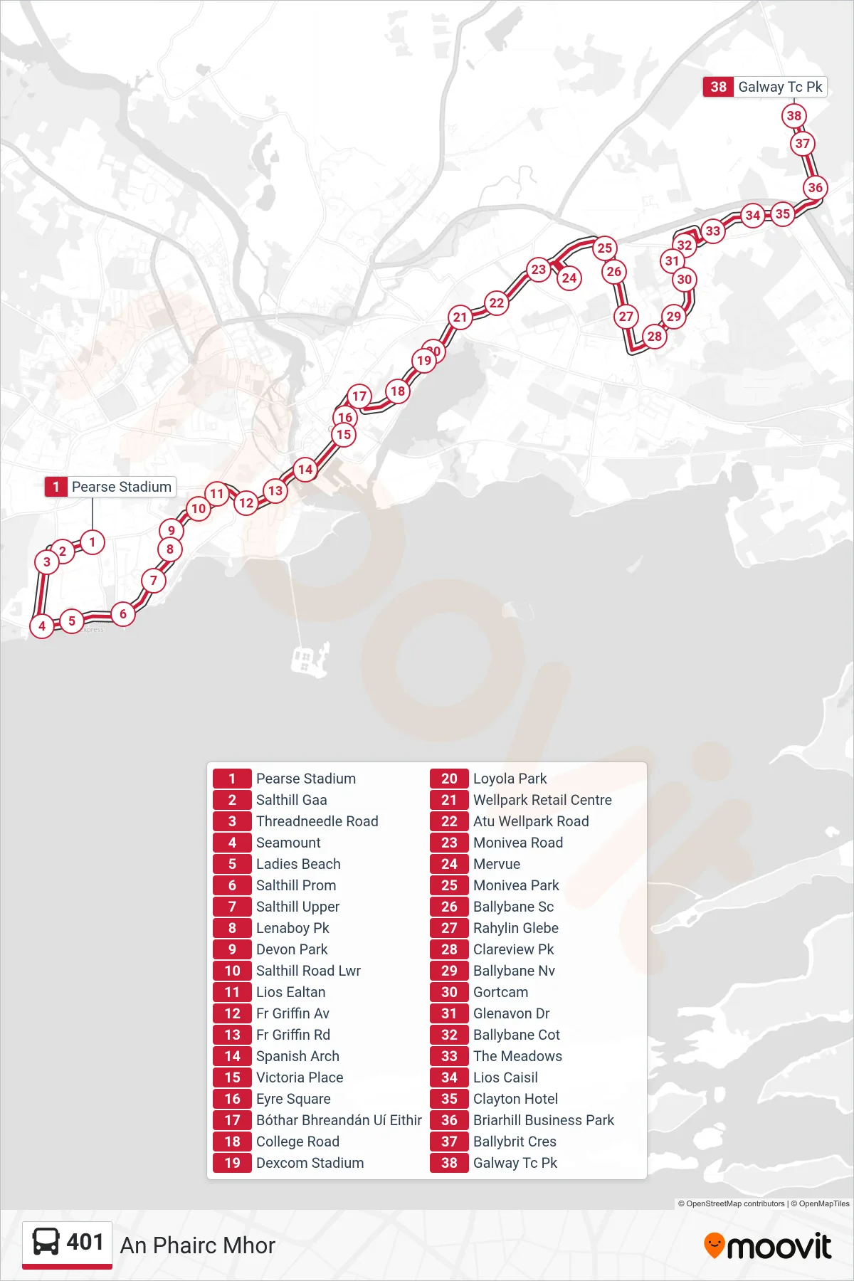 401 bus Line (An Phairc Mhor) route and stops on a map