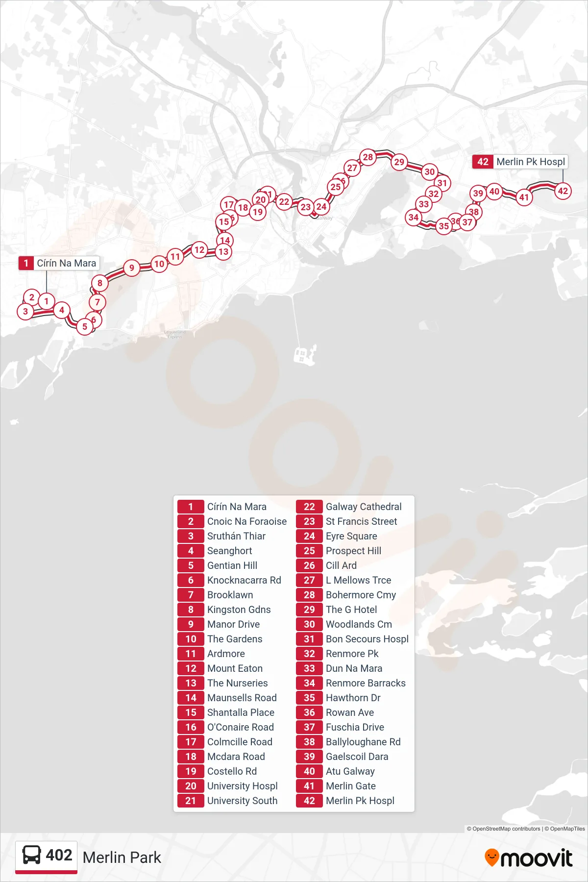 402 bus Line (Merlin Park) route and stops on a map