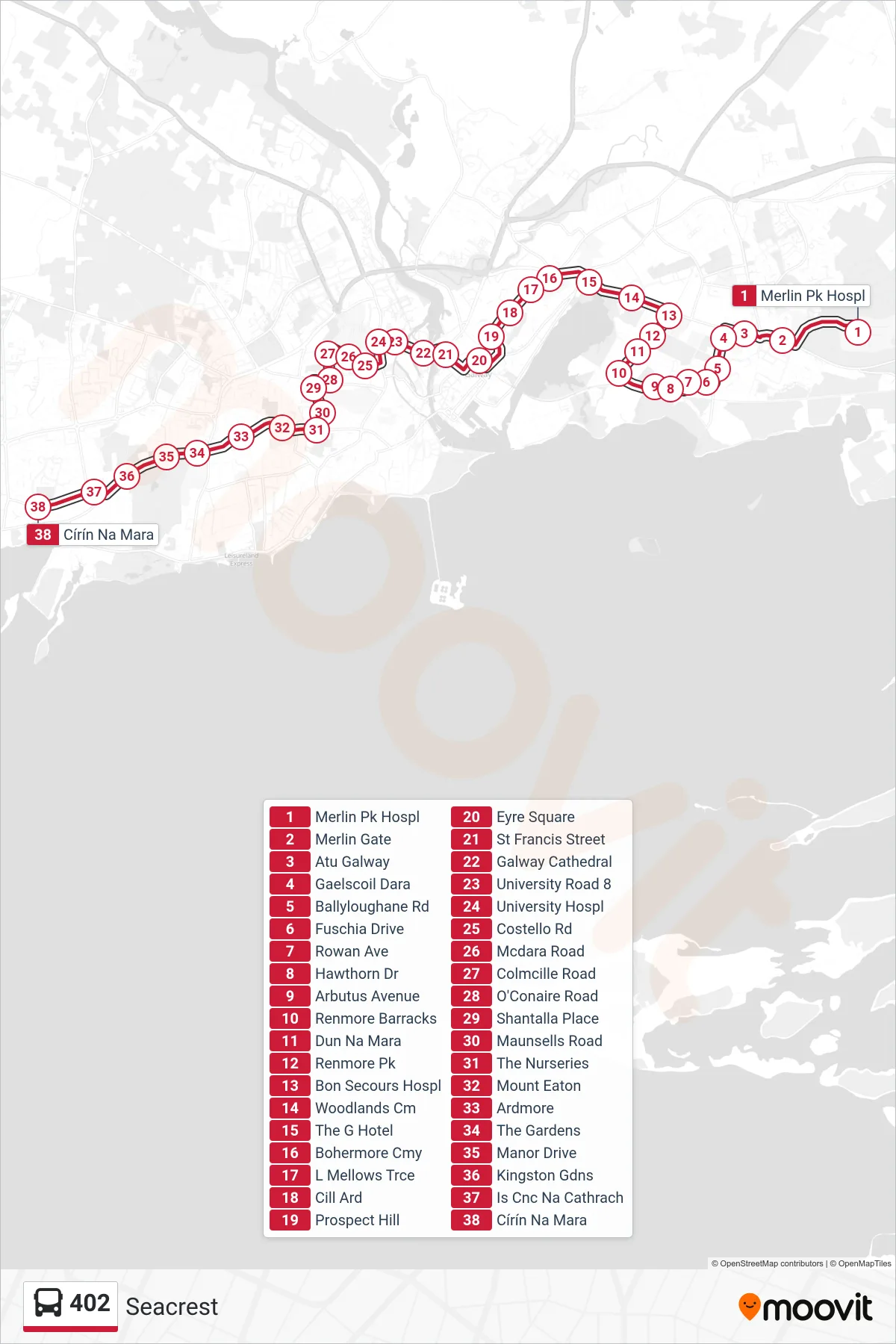 402 bus Line (Seacrest) route and stops on a map