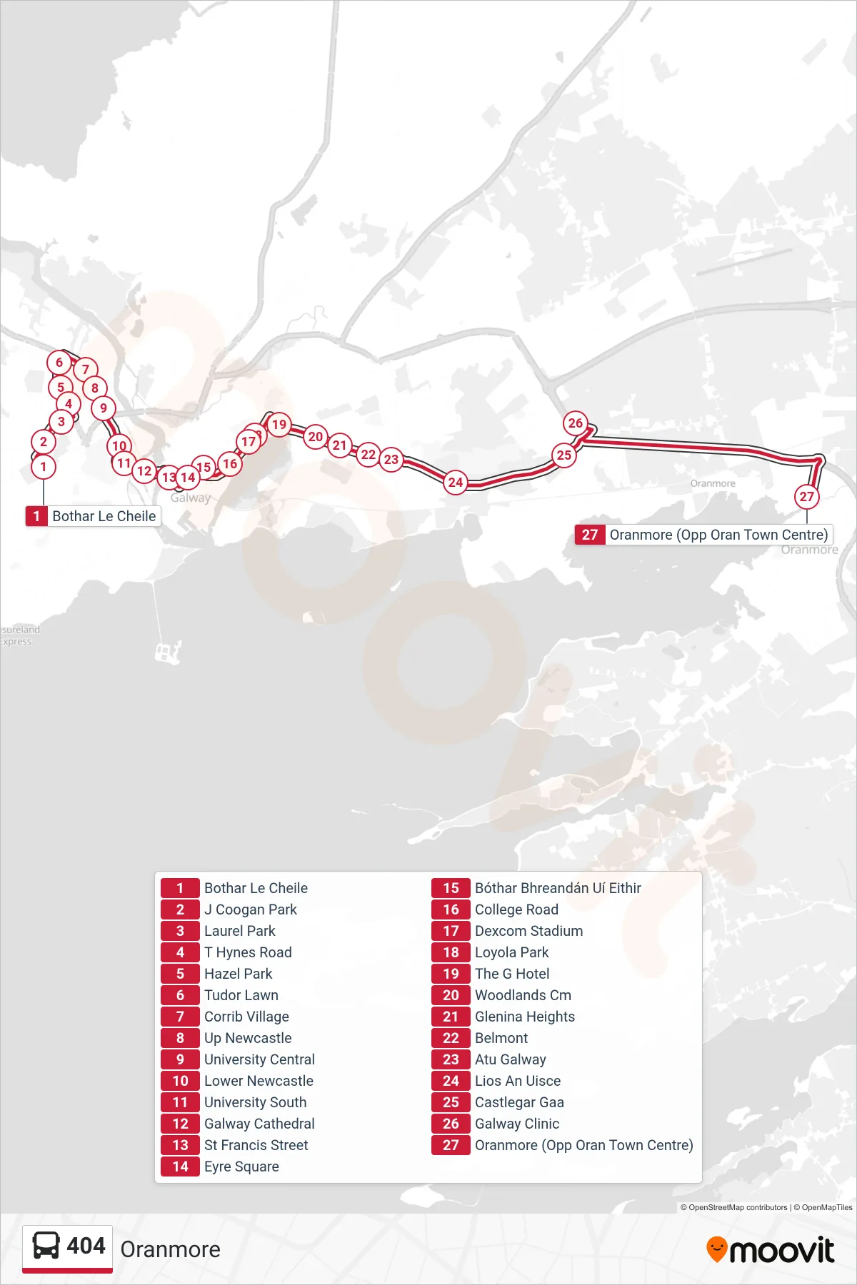 404 bus Line (Oranmore) route and stops on a map