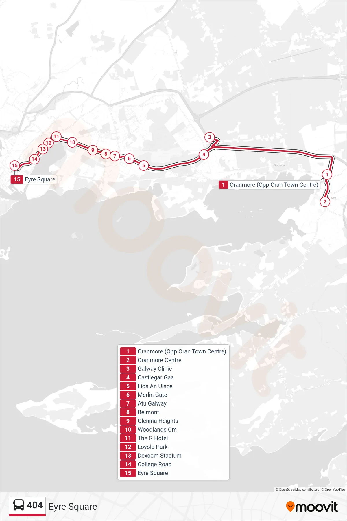 404 bus Line (Eyre Square) route and stops on a map
