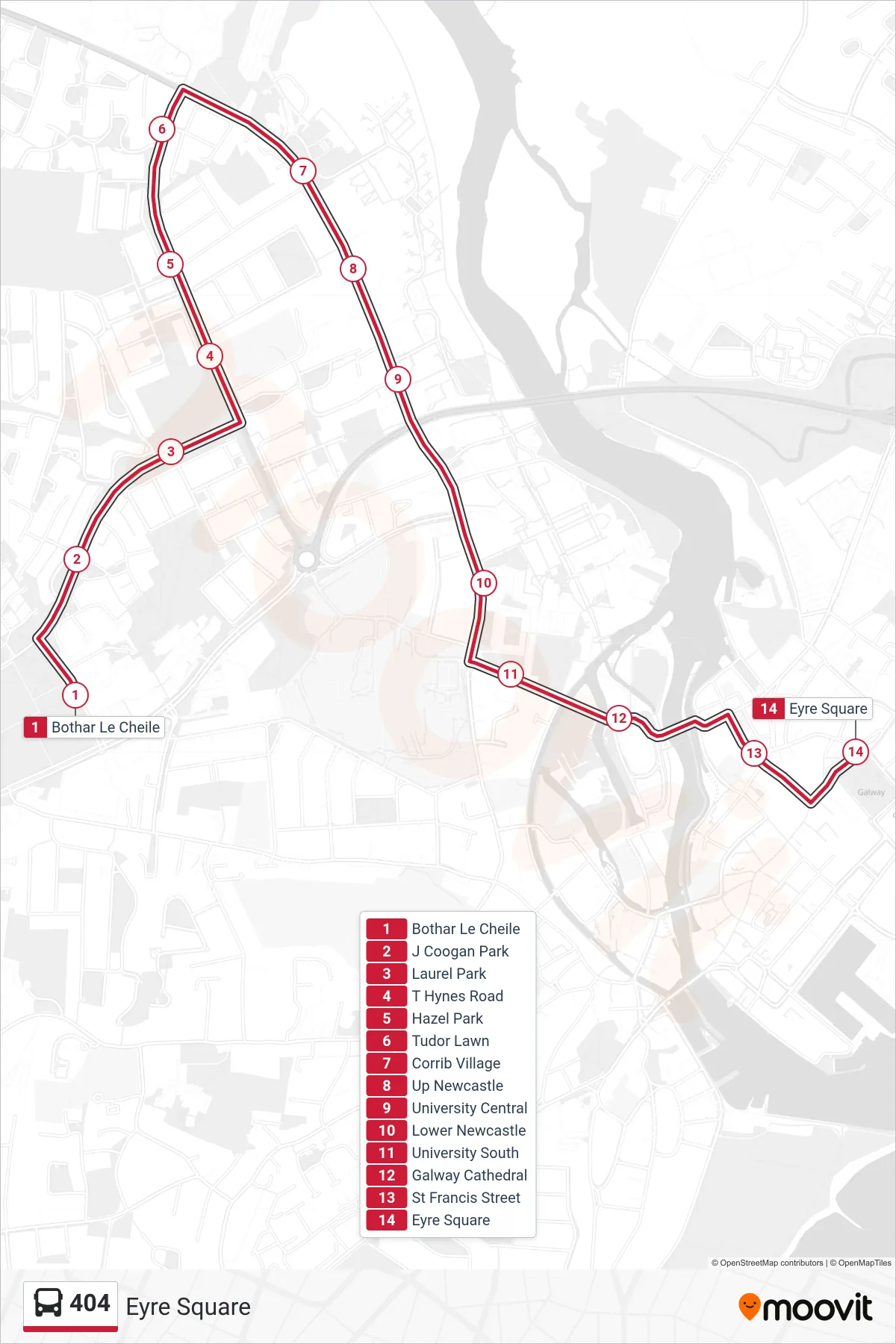404 bus Line (Eyre Square) route and stops on a map