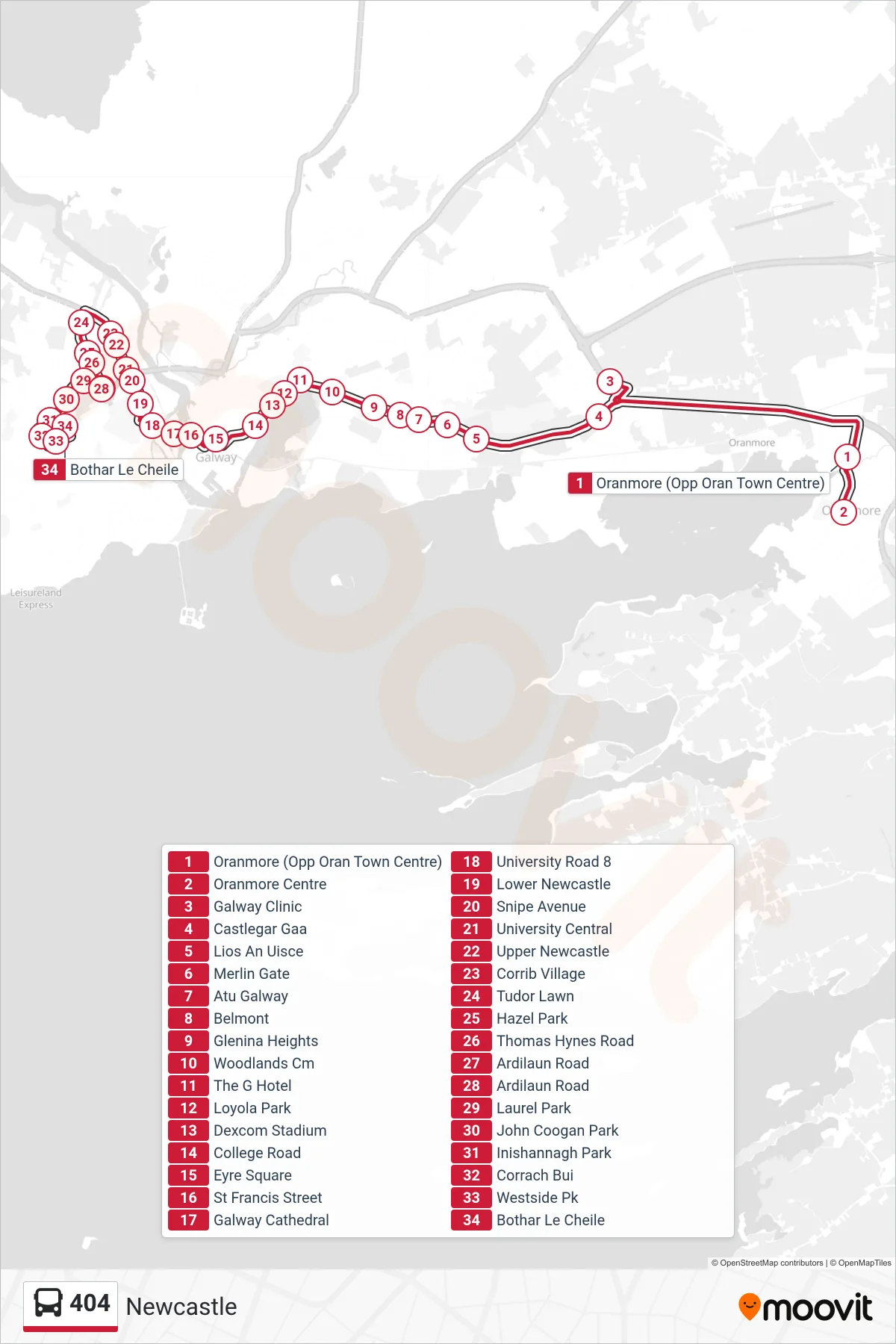 404 bus Line (Newcastle) route and stops on a map