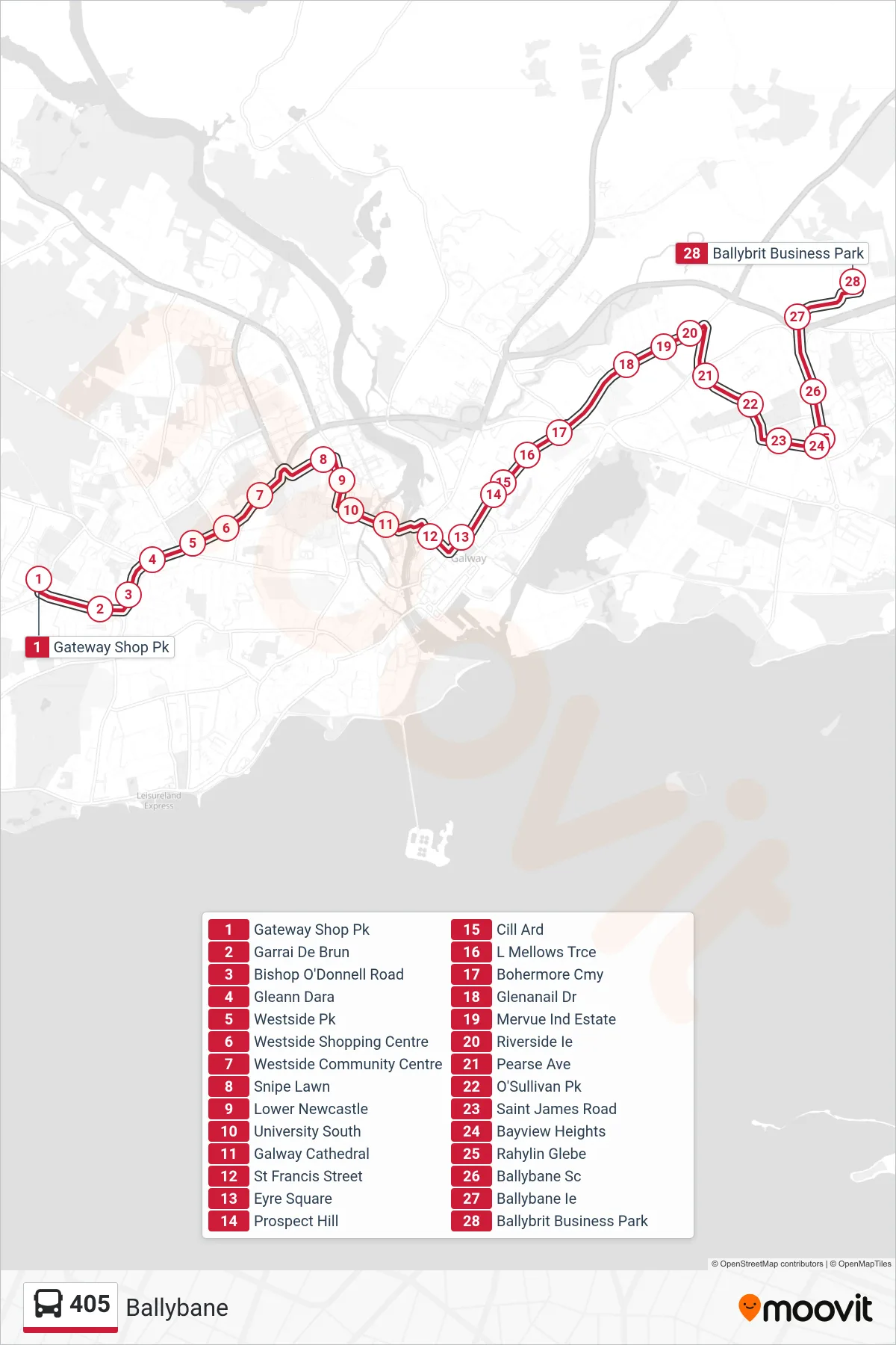 405 bus Line (Ballybane) route and stops on a map
