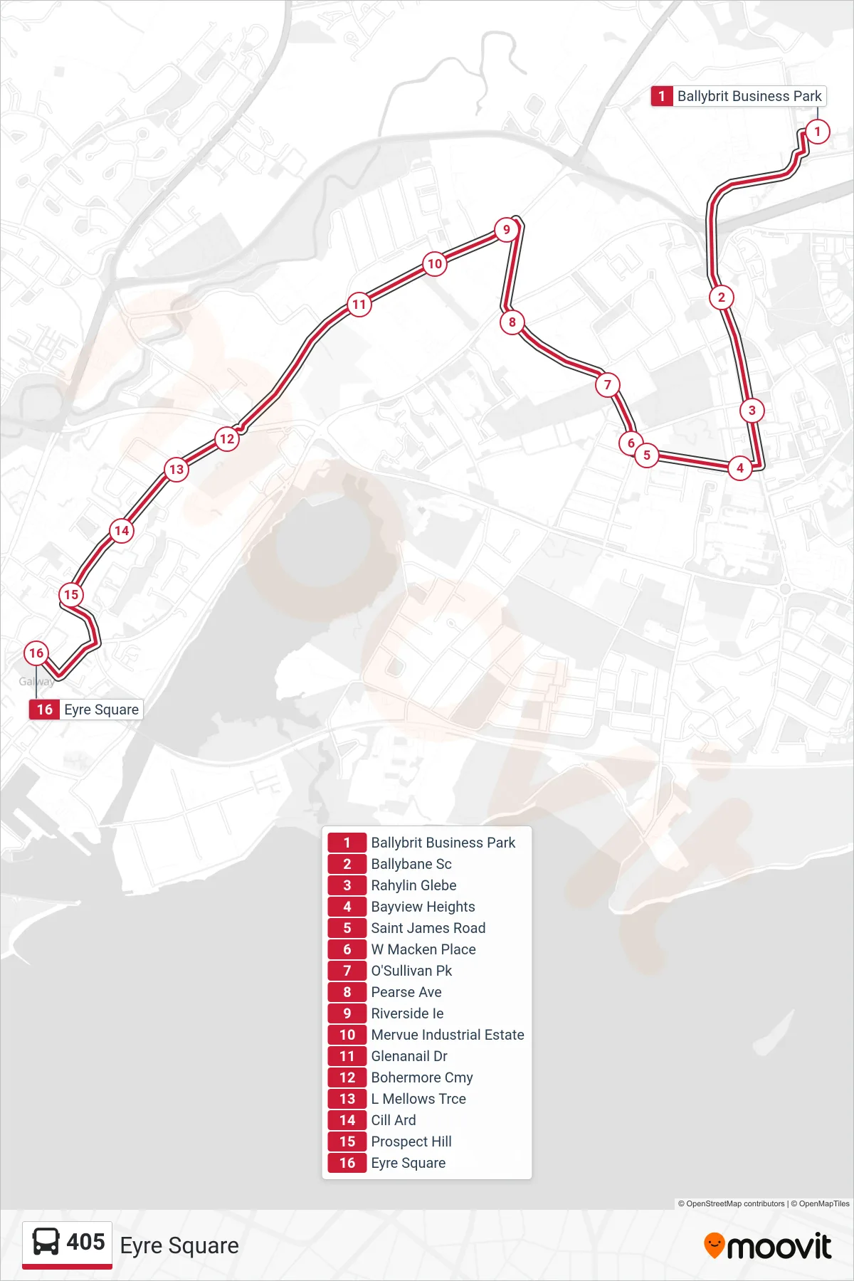 405 bus Line (Eyre Square) route and stops on a map