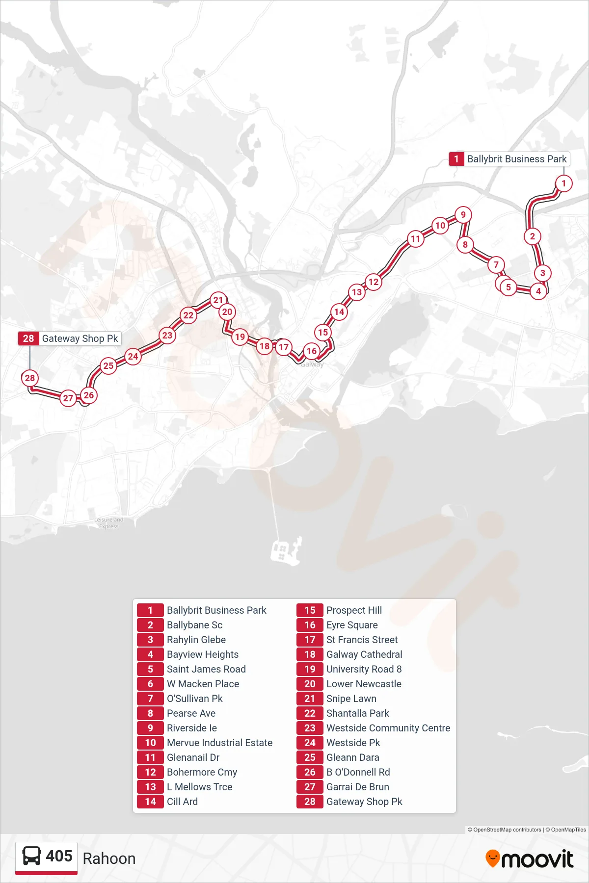 405 bus Line (Rahoon) route and stops on a map