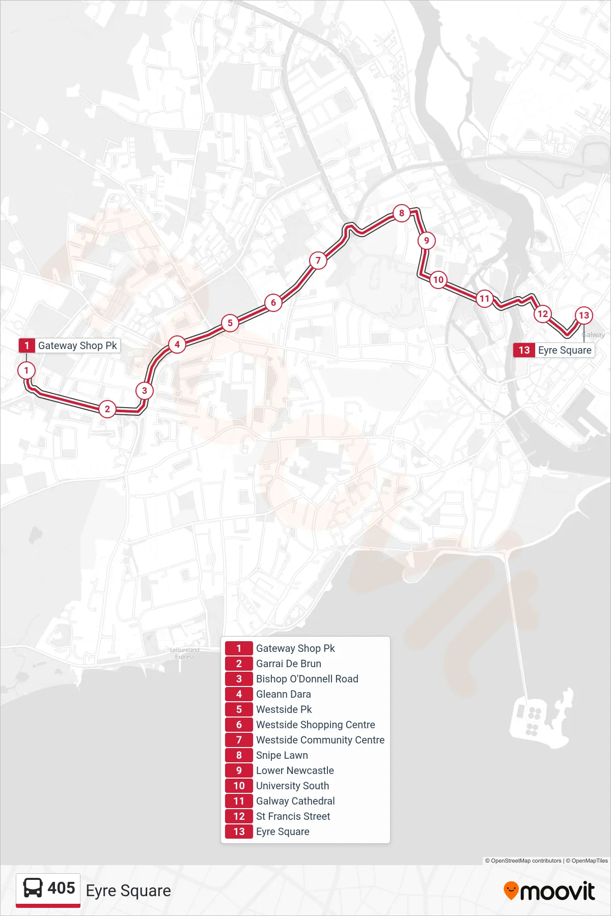 405 bus Line (Eyre Square) route and stops on a map