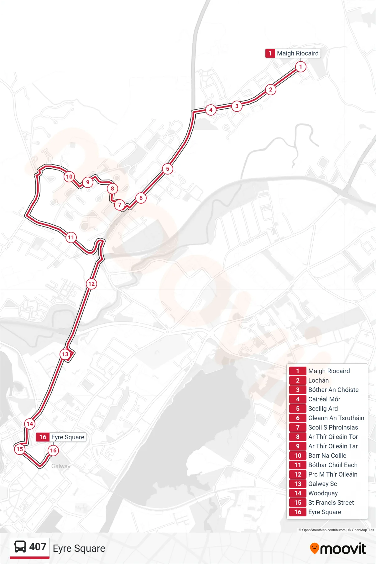 407 bus Line (Eyre Square) route and stops on a map