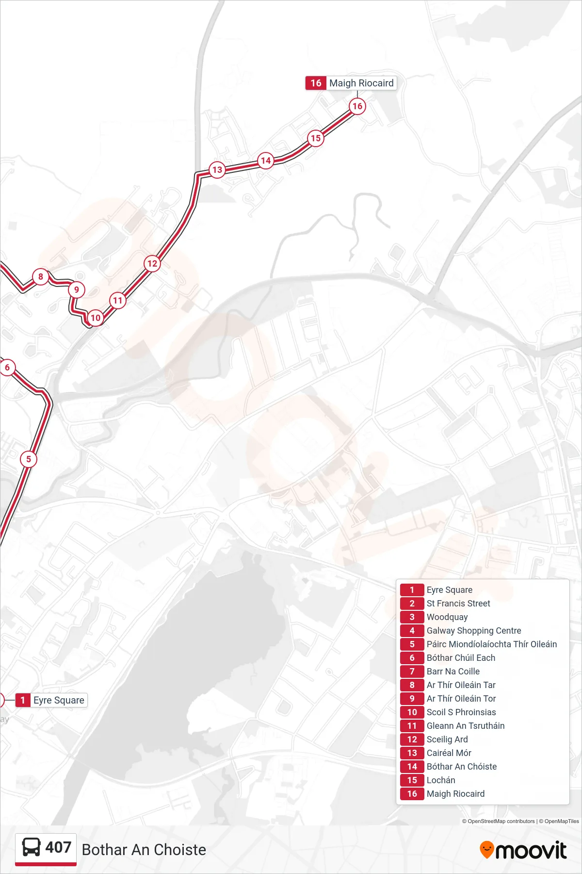 407 bus Line (Bothar An Choiste) route and stops on a map