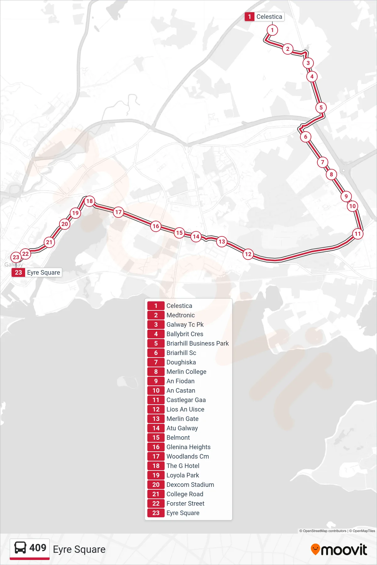 409 bus Line (Eyre Square) route and stops on a map