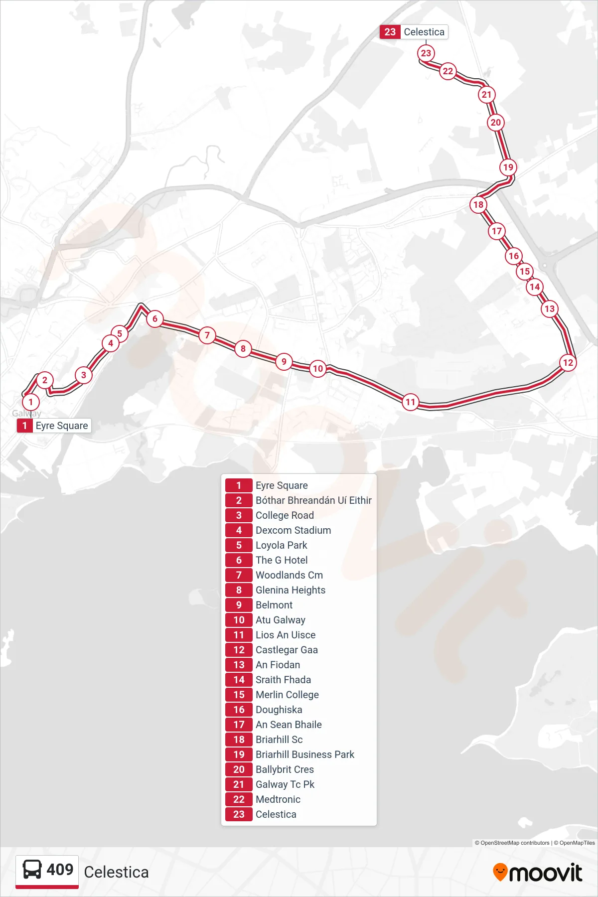 409 bus Line (Celestica) route and stops on a map