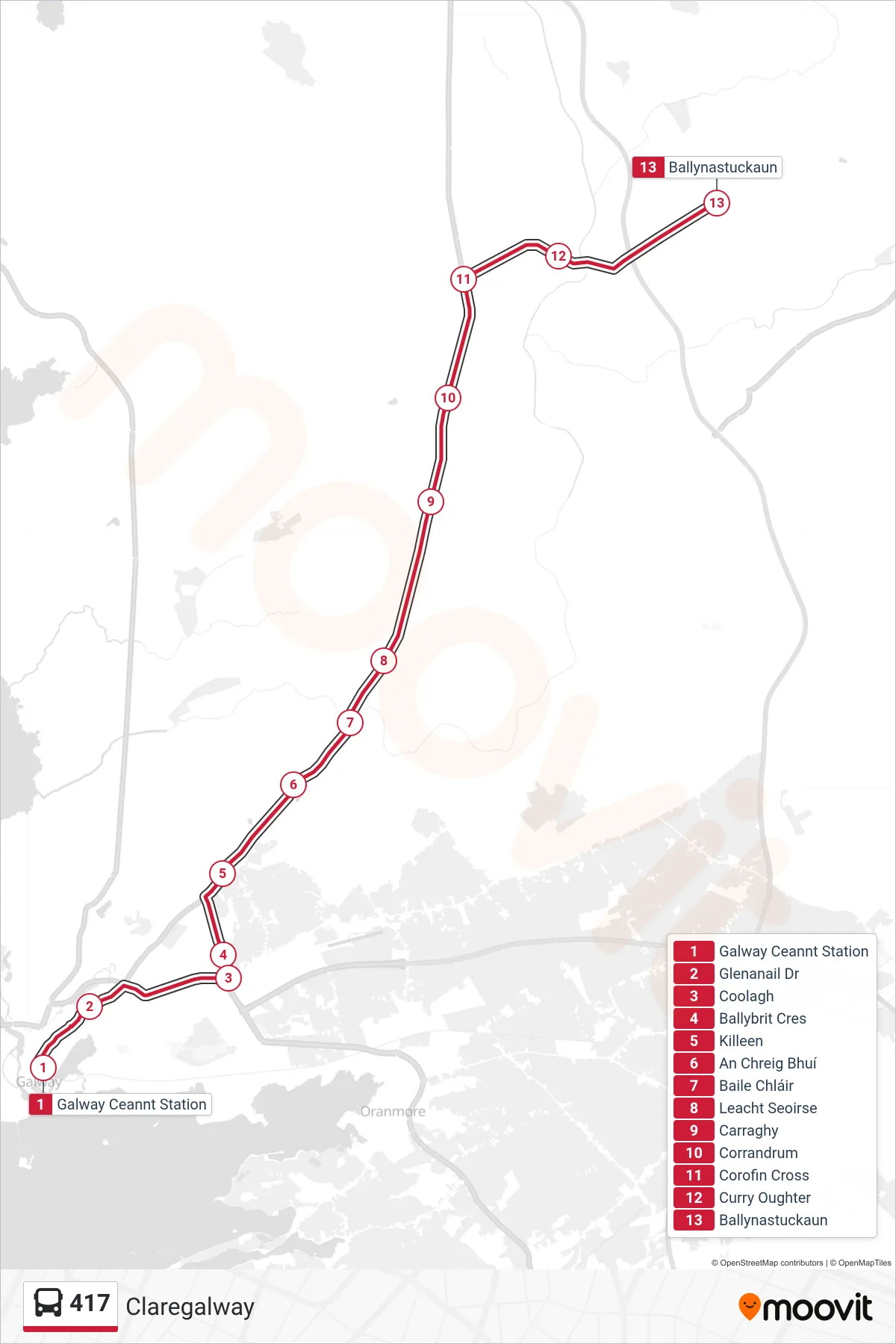 417 bus Line (Claregalway) route and stops on a map