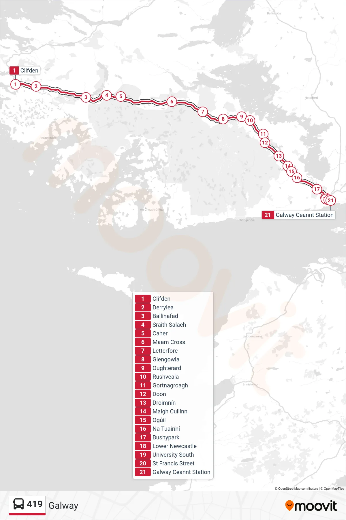 419 bus Line (Galway) route and stops on a map