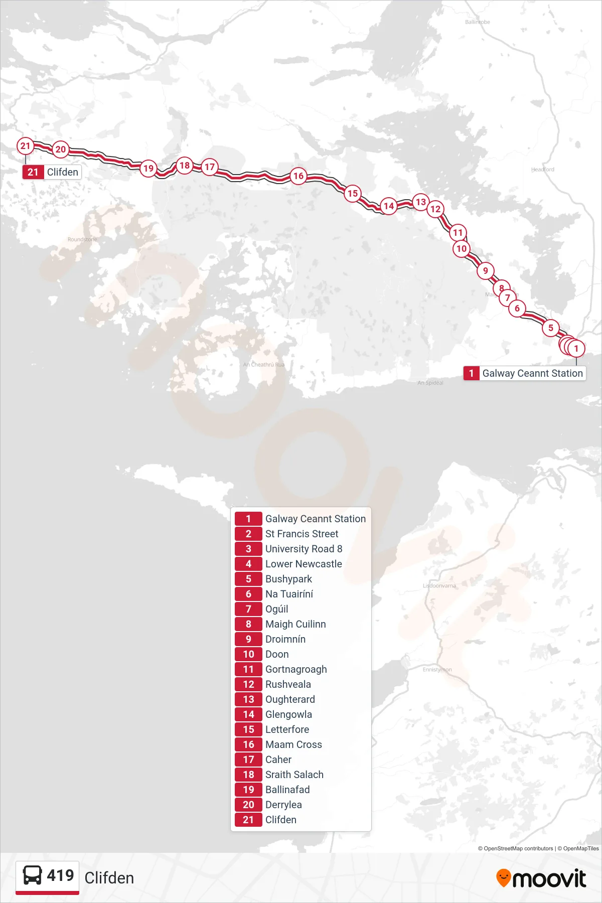 419 bus Line (Clifden) route and stops on a map