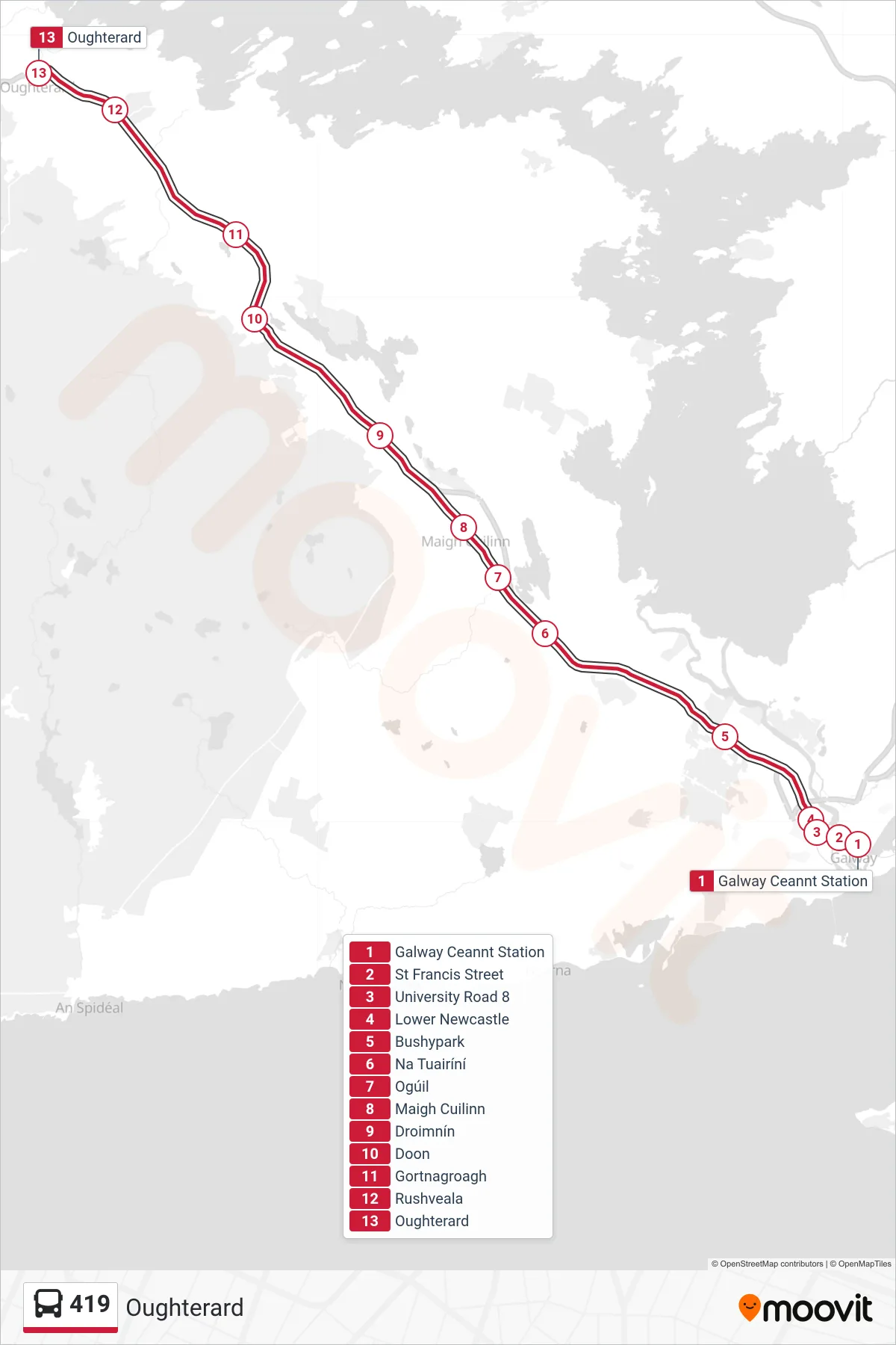 419 bus Line (Oughterard) route and stops on a map