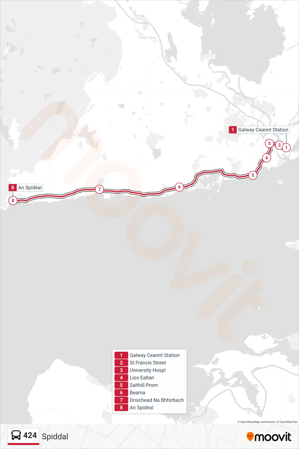424 bus Line (Spiddal) route and stops on a map