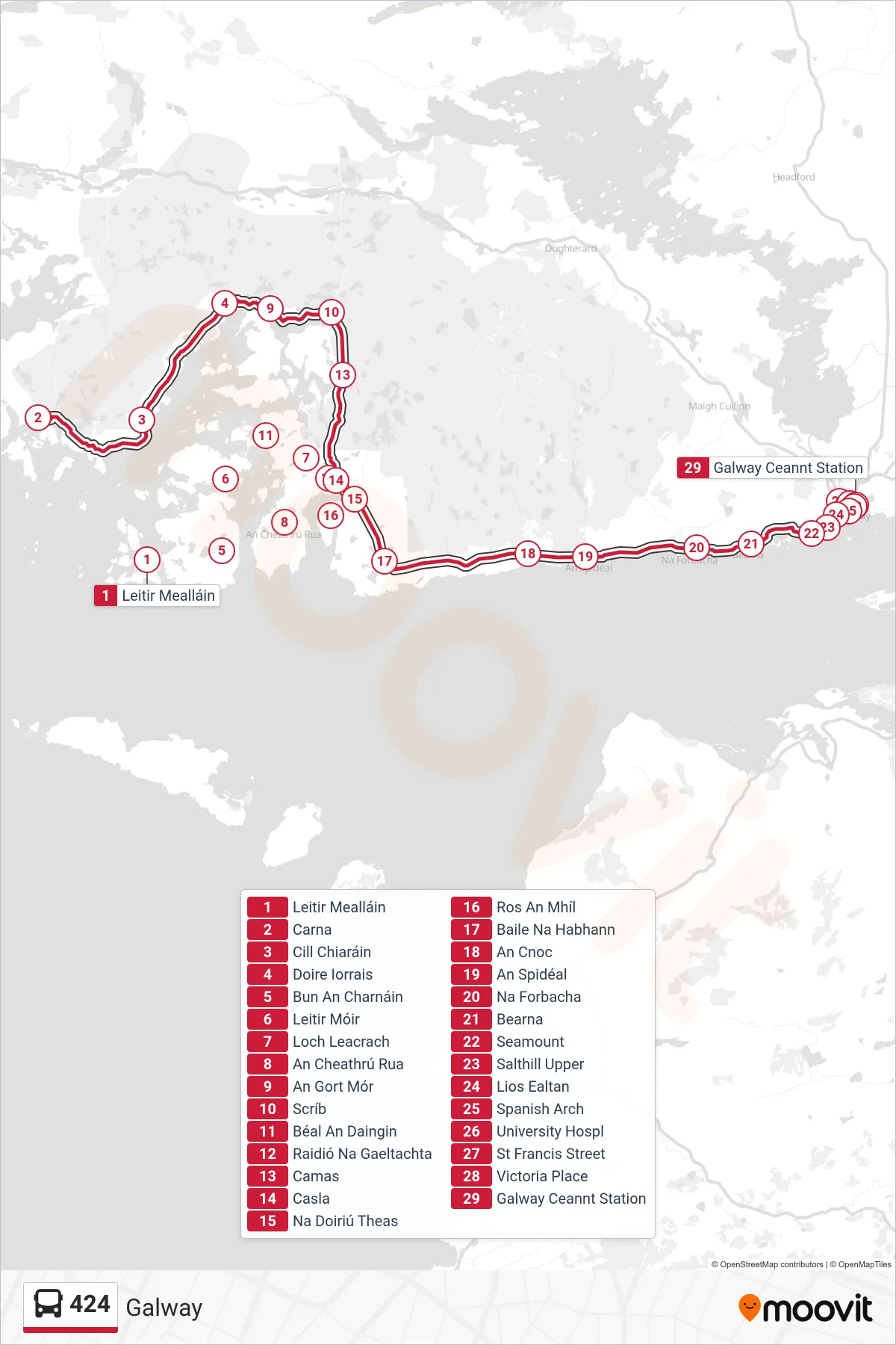 424 bus Line (Galway) route and stops on a map