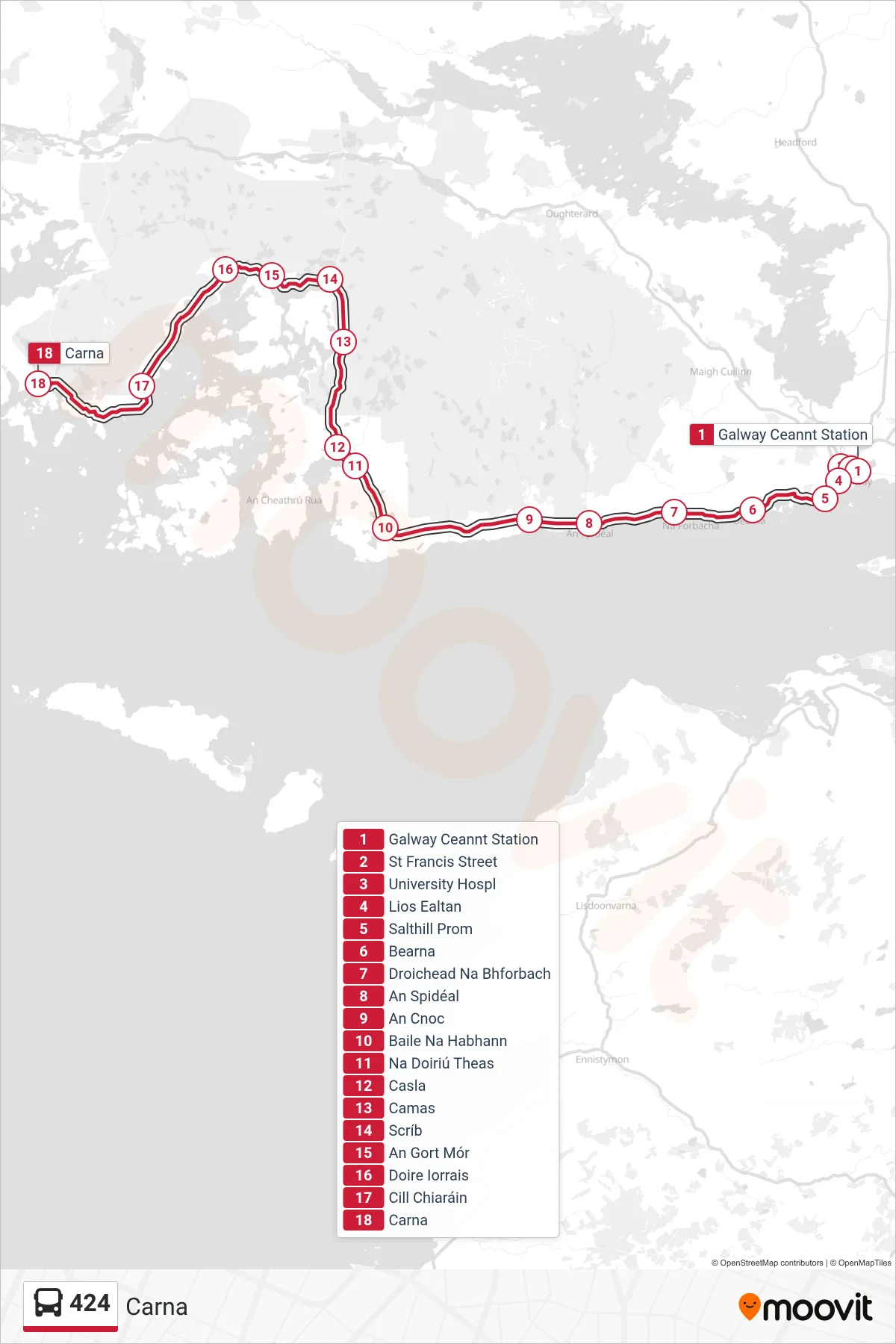 424 bus Line (Carna) route and stops on a map