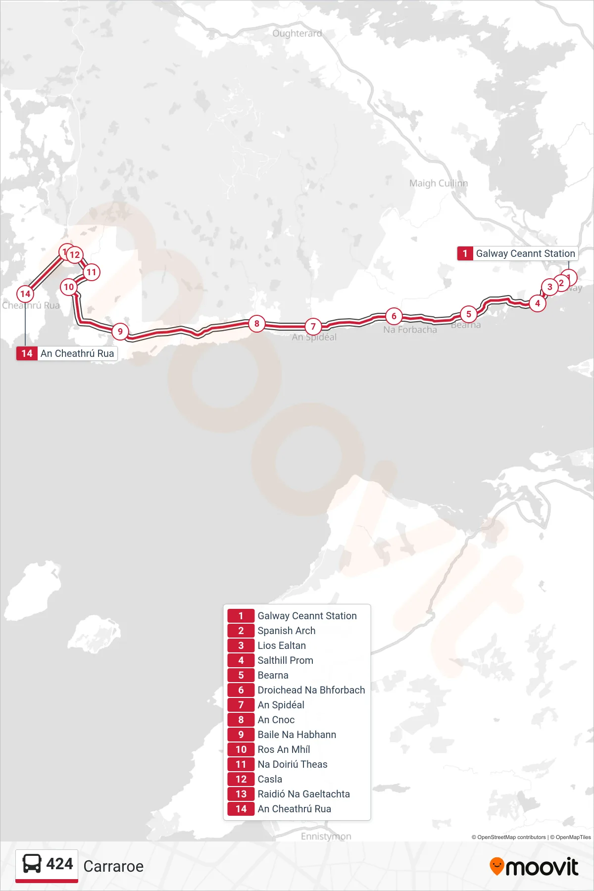 424 bus Line (Carraroe) route and stops on a map